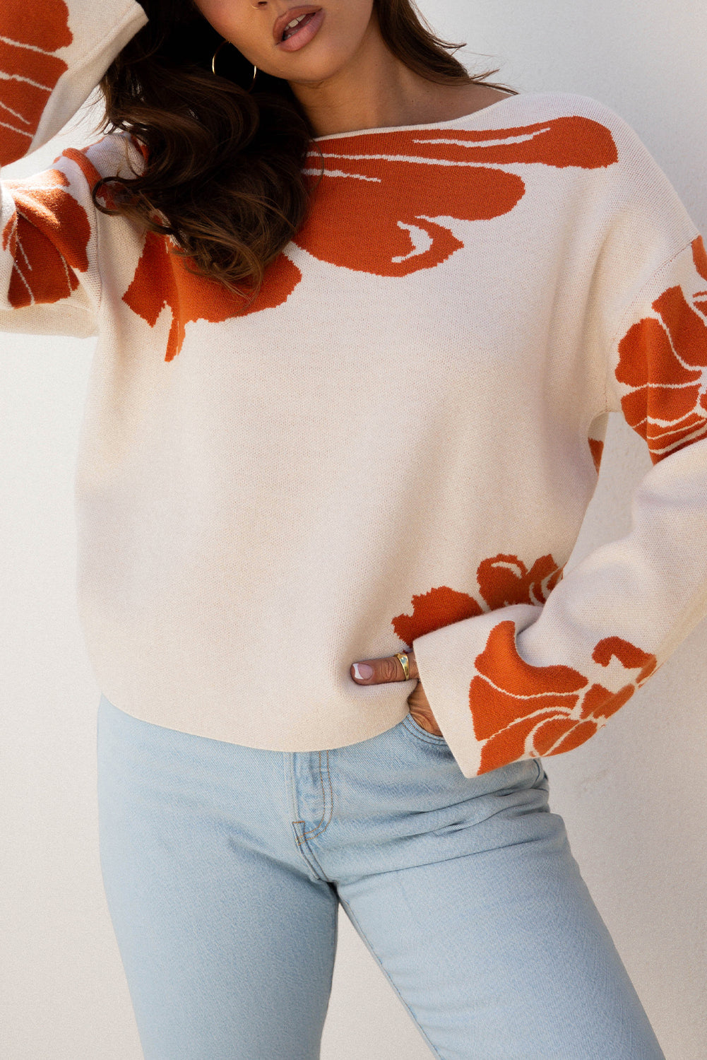 Bold Wide Flower Pattern Sleeve Baggy Knit Top