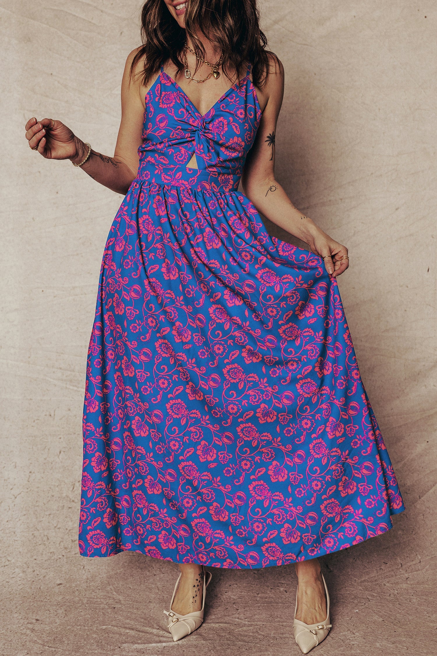 Twisted V-Neck Floral-Print V-Neck Tied Backless Maxi Dress in Blue