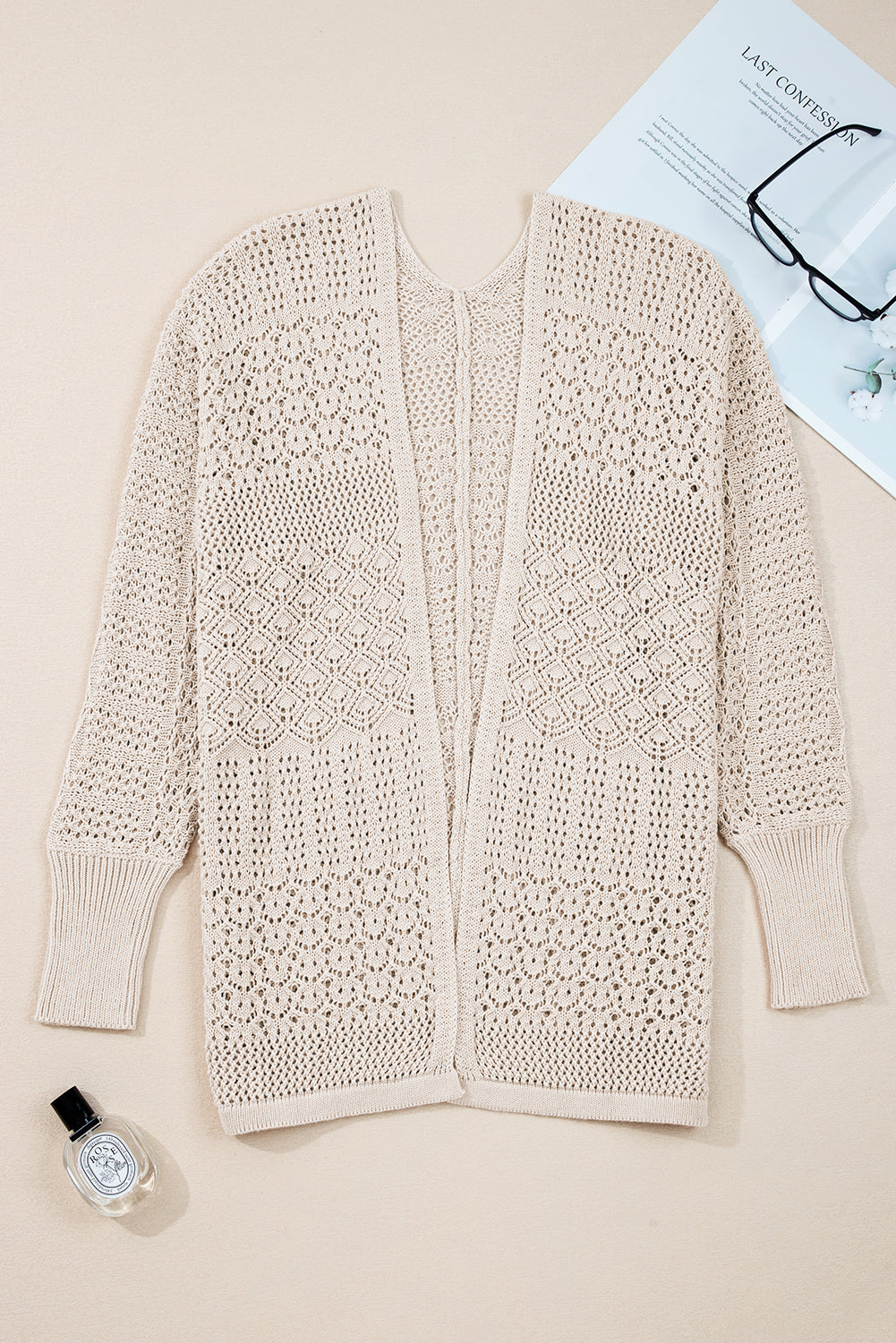 Mix Pattern Hollowed Knit Open-Front Cardigan