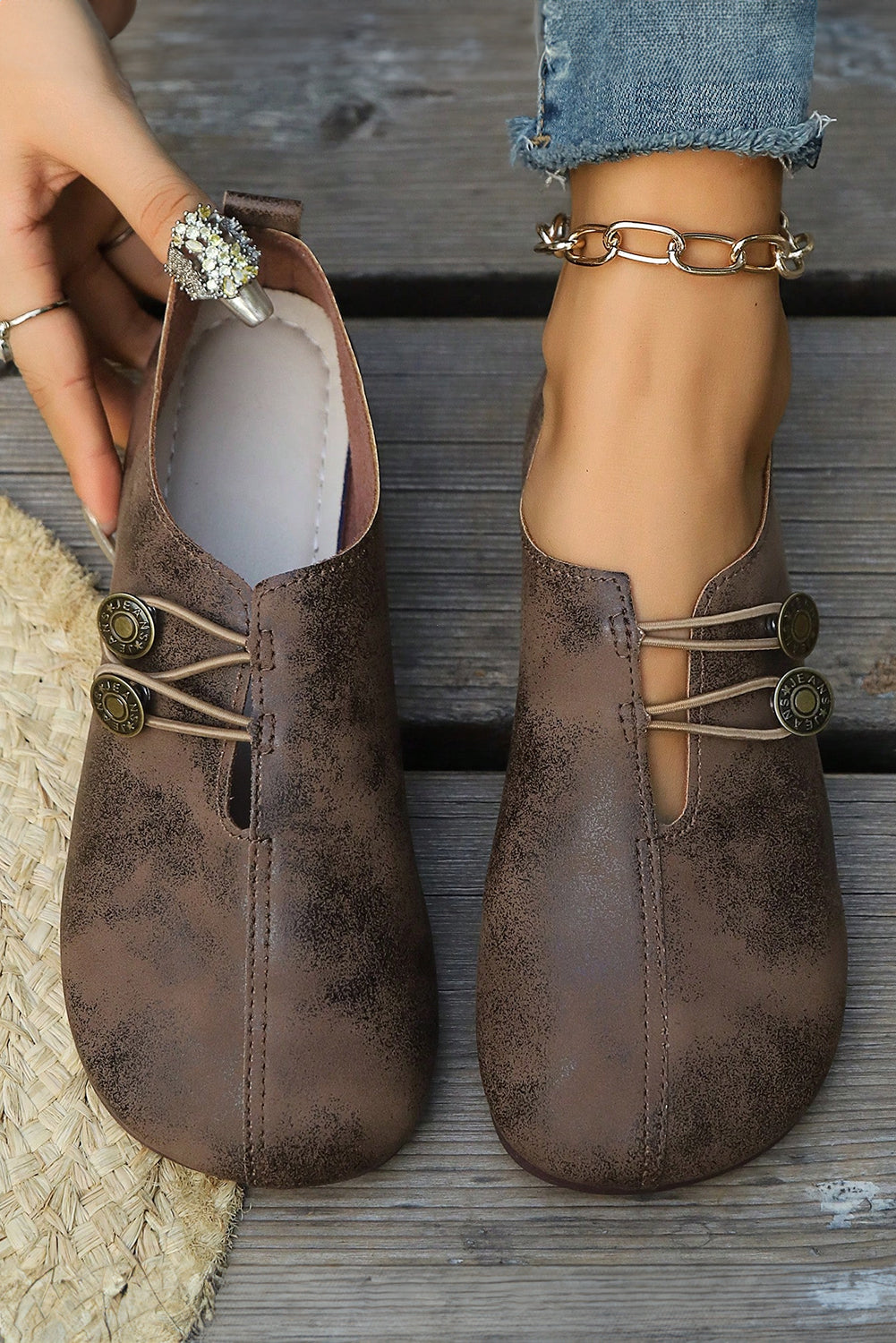 JEANS Boho Button Detail Retro Faux Leather Loafer Shoes