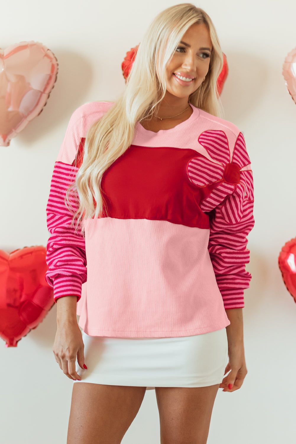 Floral Patch Color Block Striped Sleeve Textured Top