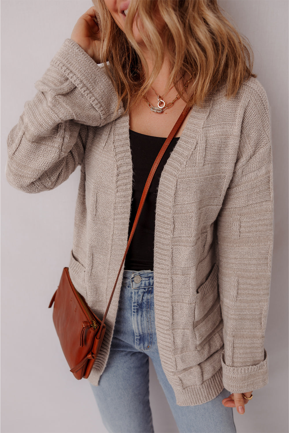 Textured Knit Open-Front Polished Cardigan Featuring Pockets