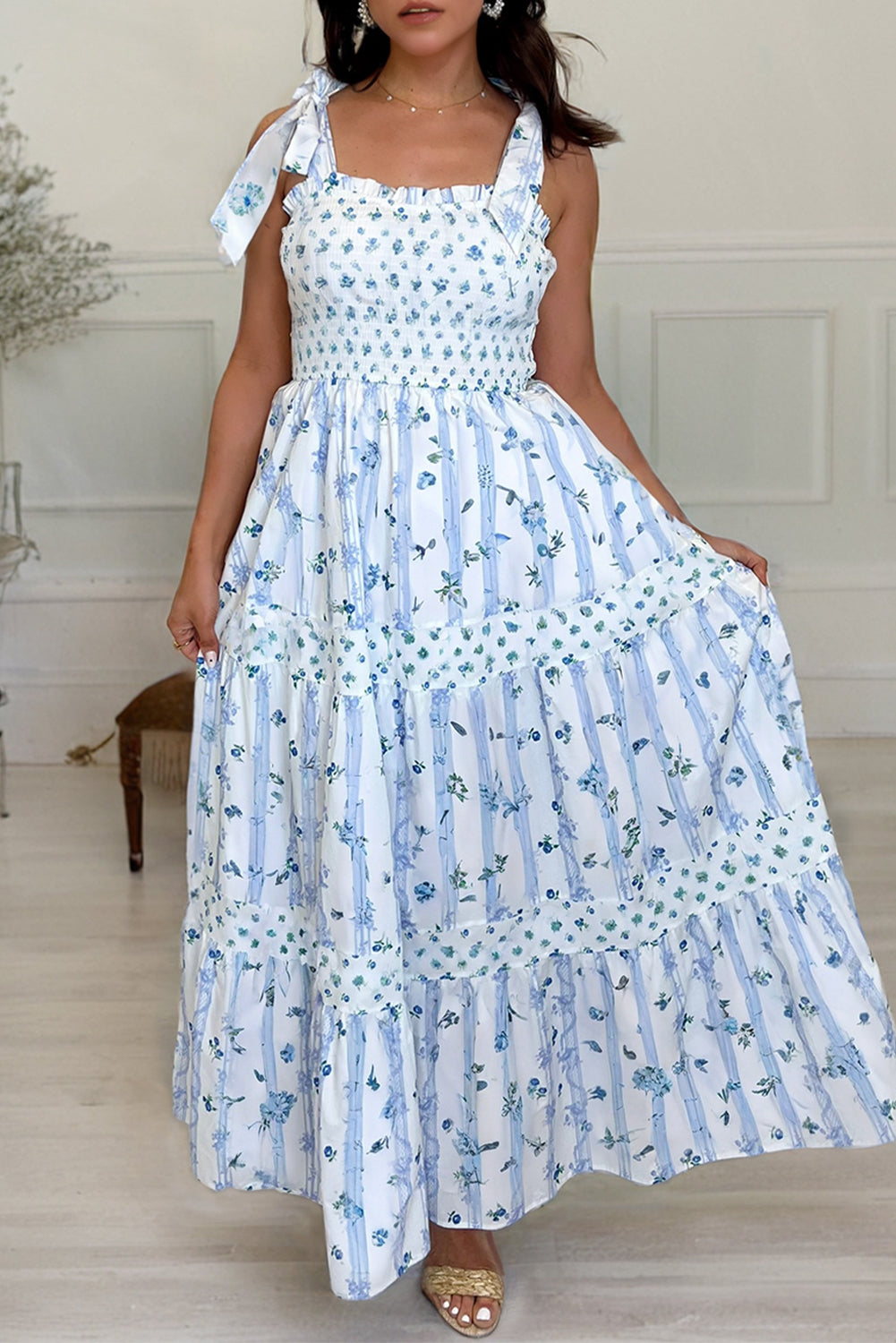 Smocked Tied Floral Tied Straps A-Lined Tiered Maxi Dress