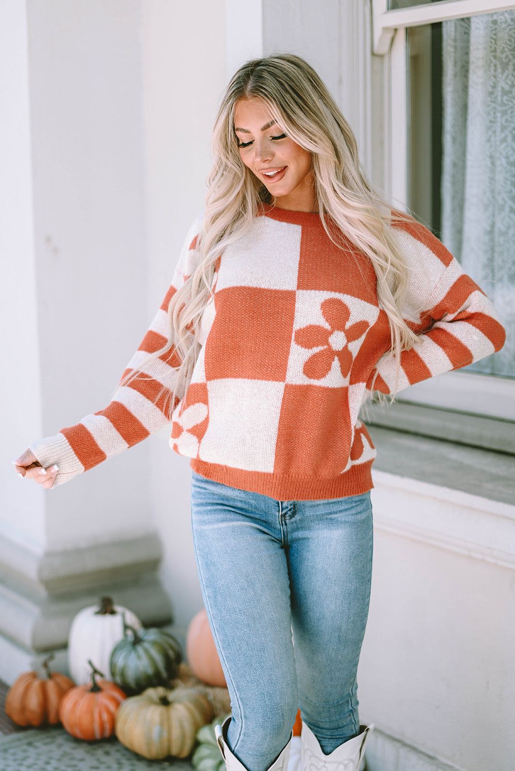 Women's Sweater Featuring Checked Floral-Print Print Striped