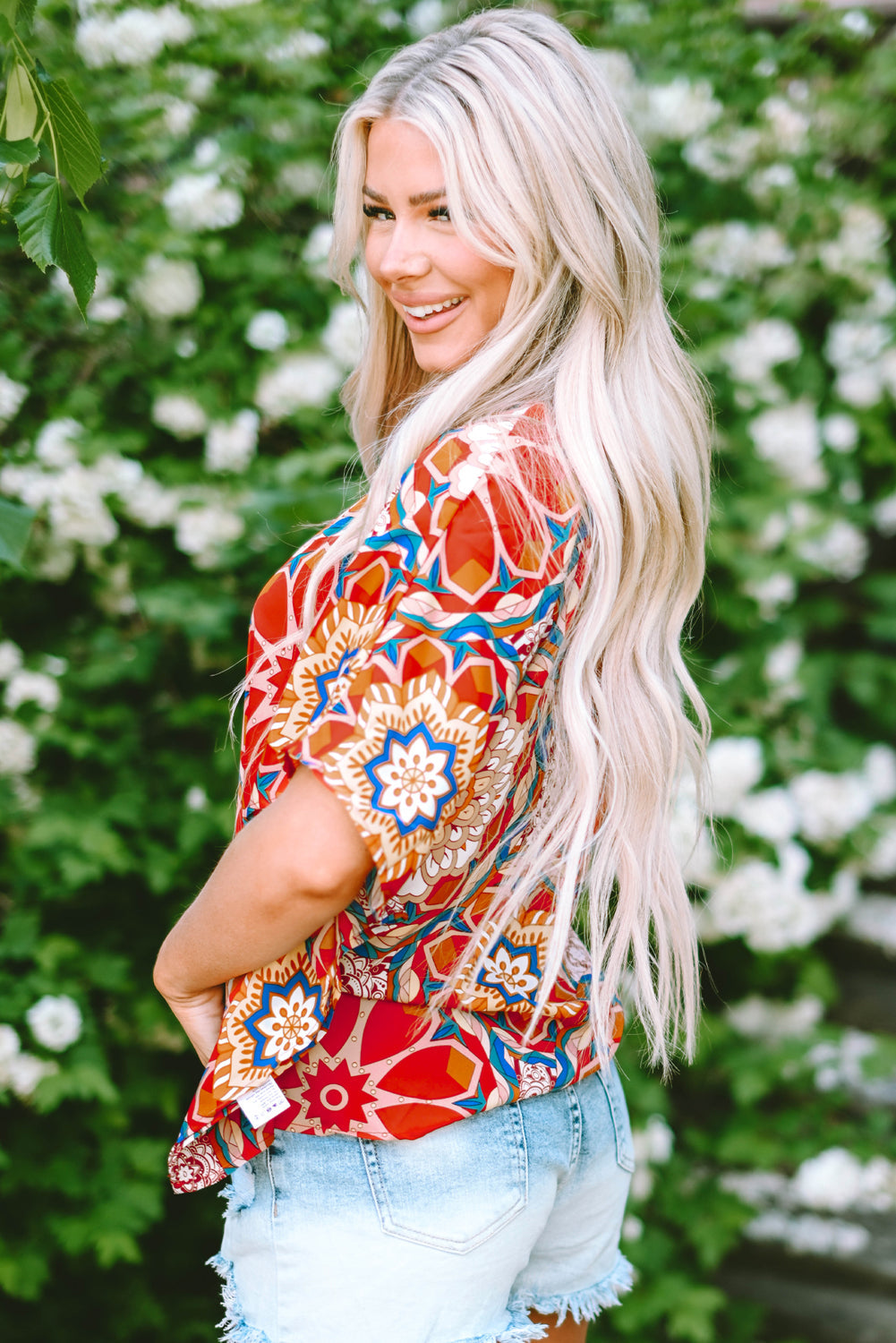 Women's Blouse Featuring Floral-Print Batwing Sleeve V Neck