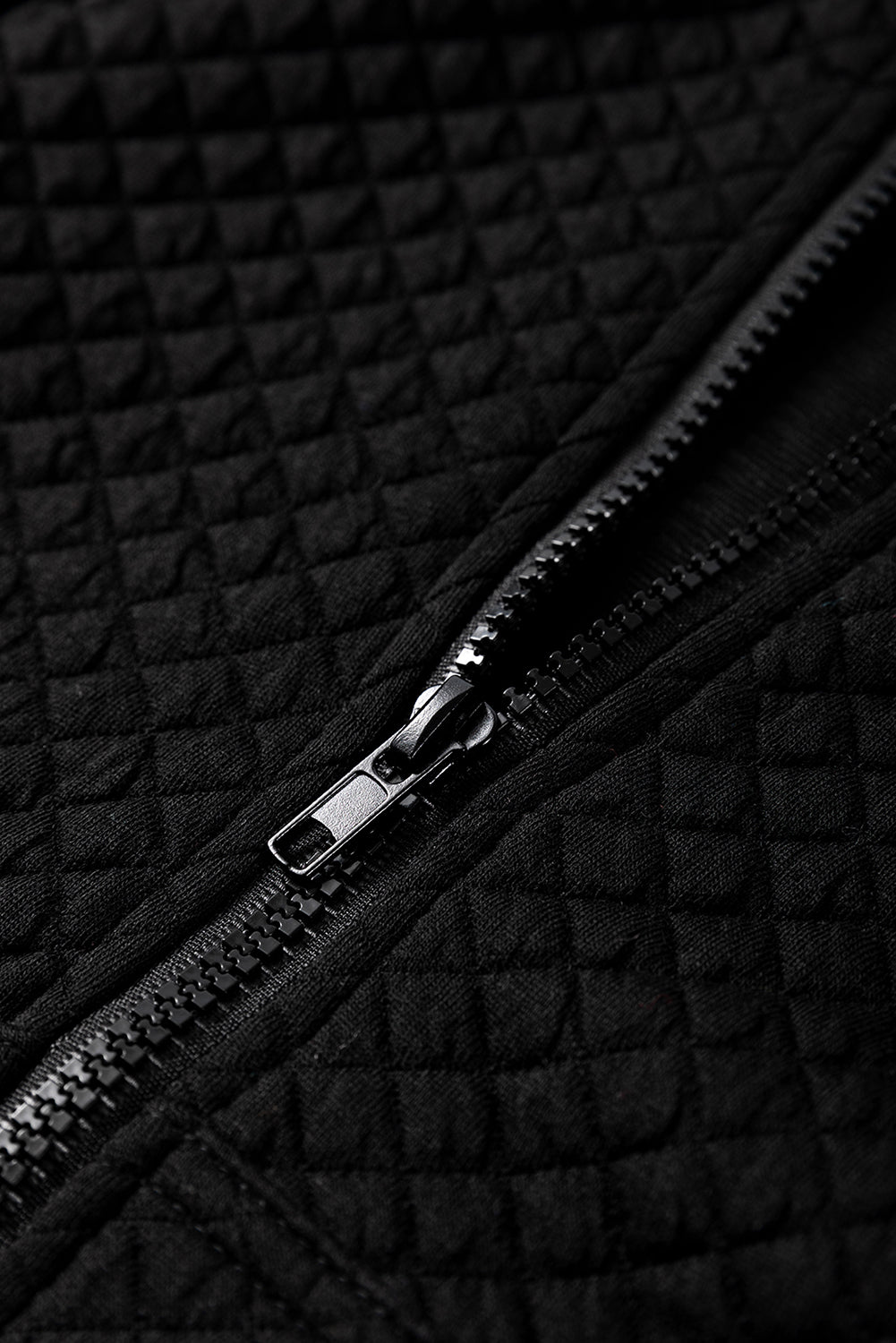 Quilted Side Pockets Zip Hooded Jacket in Black
