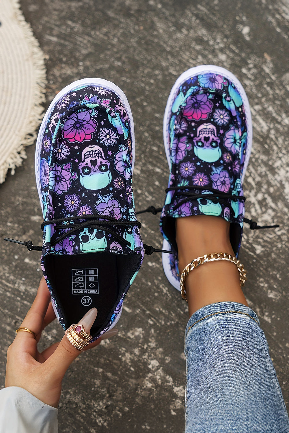 Skull Print Sugar Print Lace-up Detail Halloween Flat Shoes