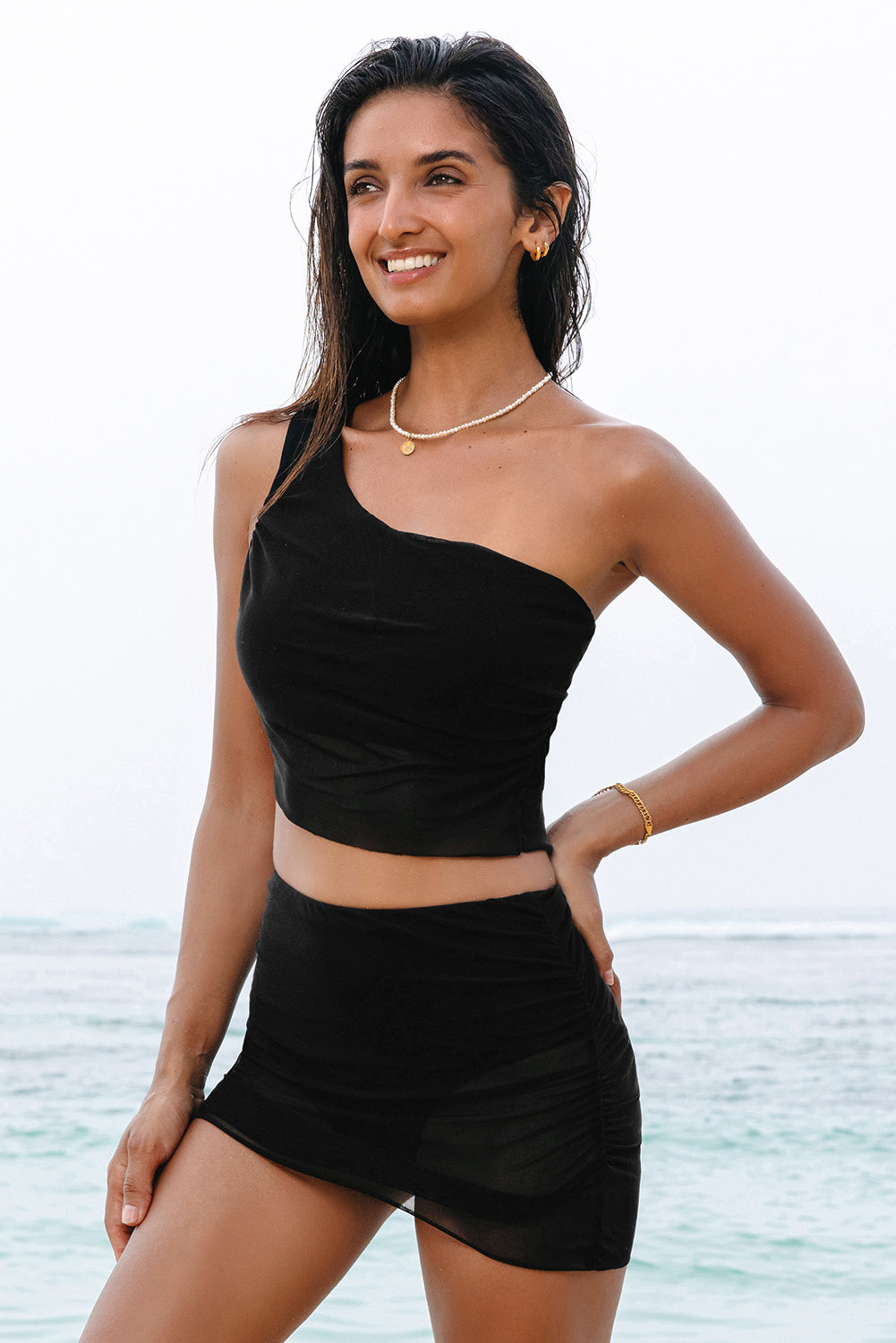 Pleated Mesh One Shoulder Bikini Top and Skirts Set