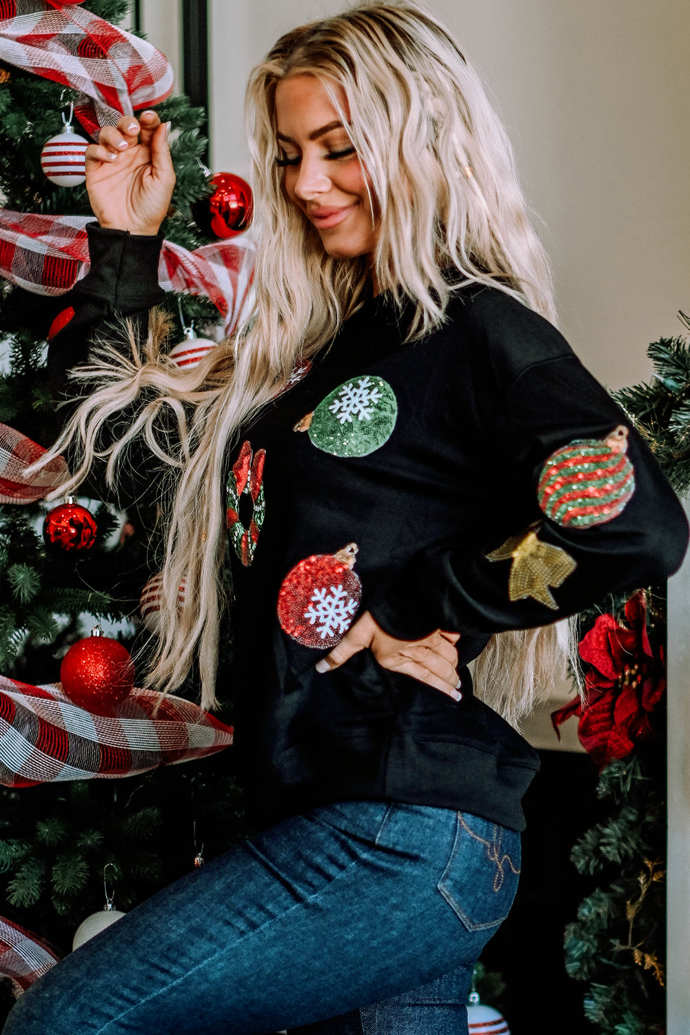 Women's Pullover Sweatshirt Featuring Sequined Christmas Graphic-Print