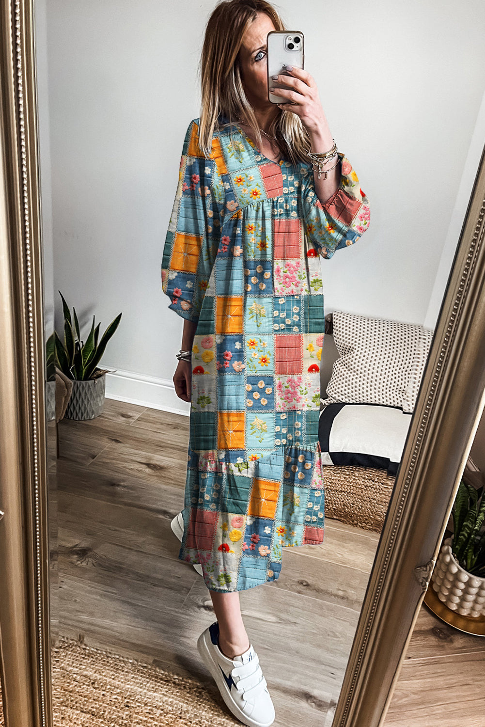 Checkered Mix Floral Pattern Bubble Sleeve Ruffle Hem Dress