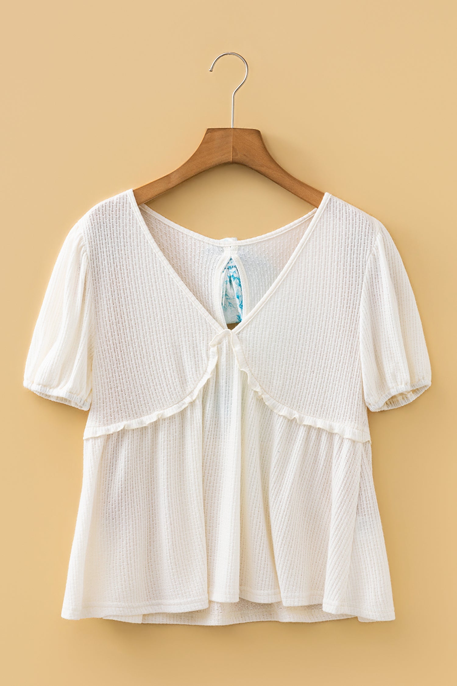 Knit V-Neck Textured V-Neck Short Bubble Sleeve Peplum Top