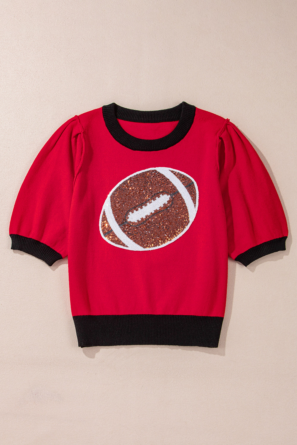 Sequin Rugby Color Block Puff Short Sleeve Sweater