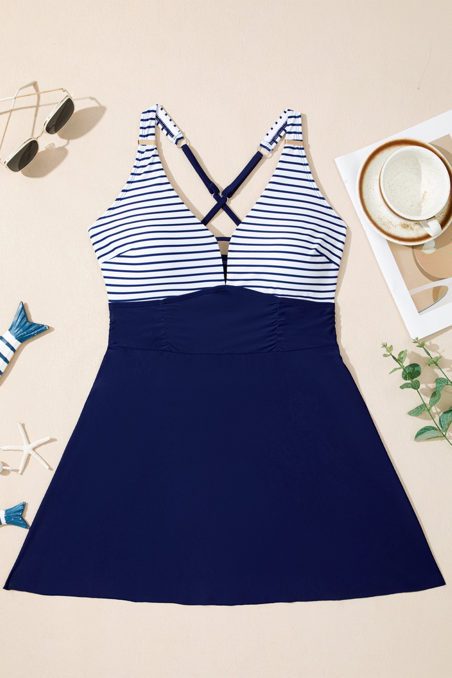 Patchwork Crossed Stripe Crossed Straps One Piece Swim Dress in Blue