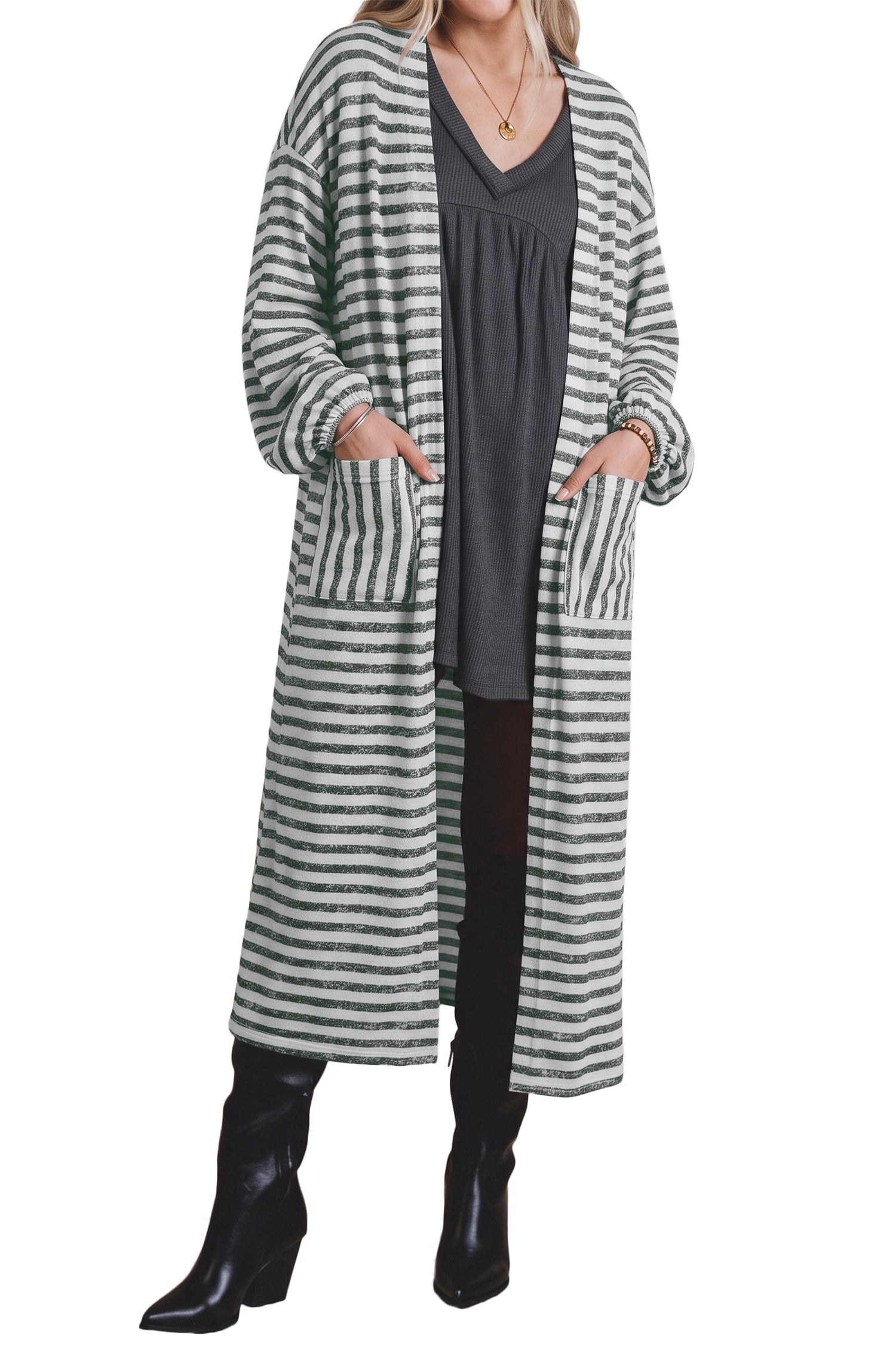 Stripe Long Puff Sleeve Open-Front Roomy Long Cardigan in Khaki