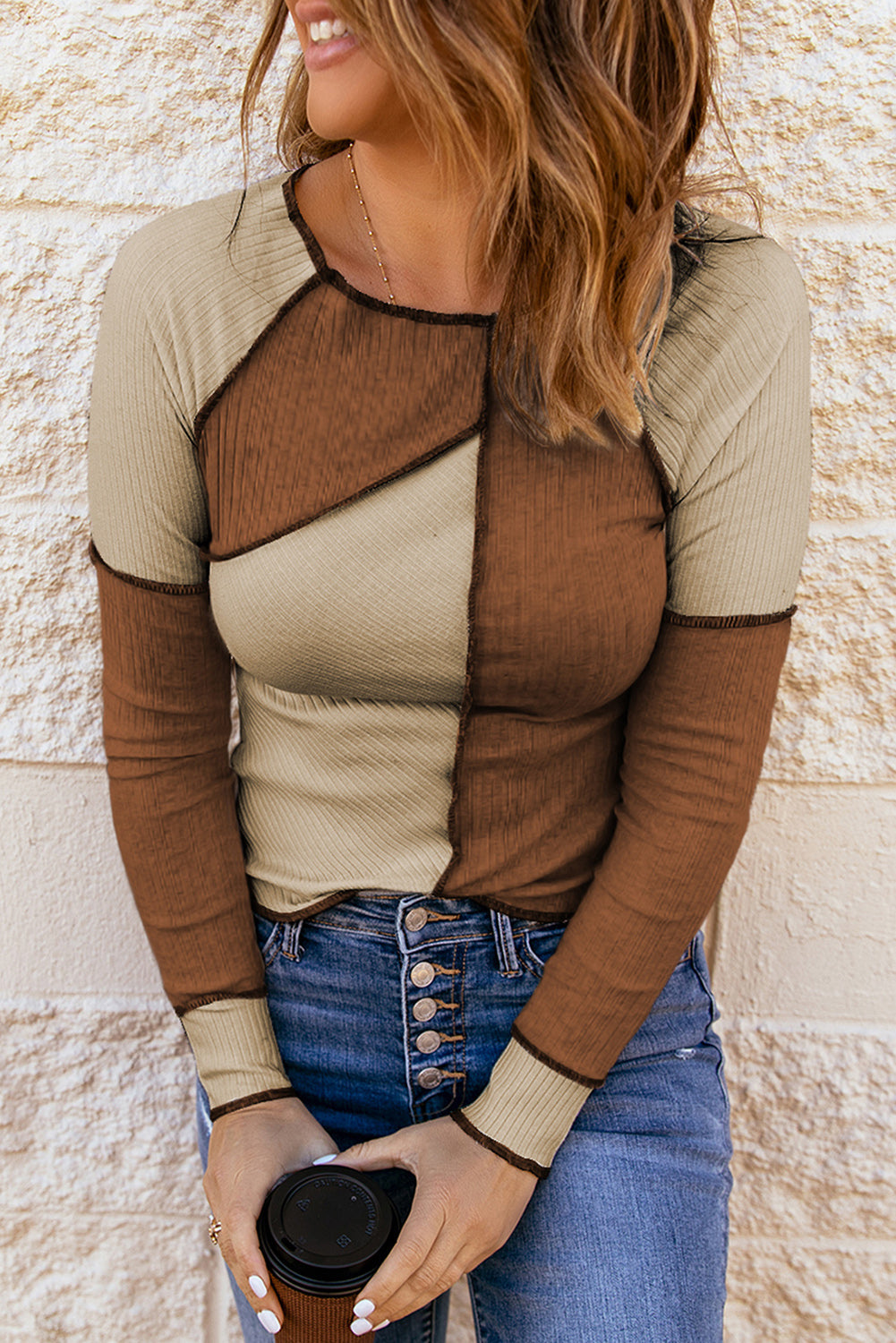 Seaming Irregular Colorblock Trim Rib-Knit Top Style