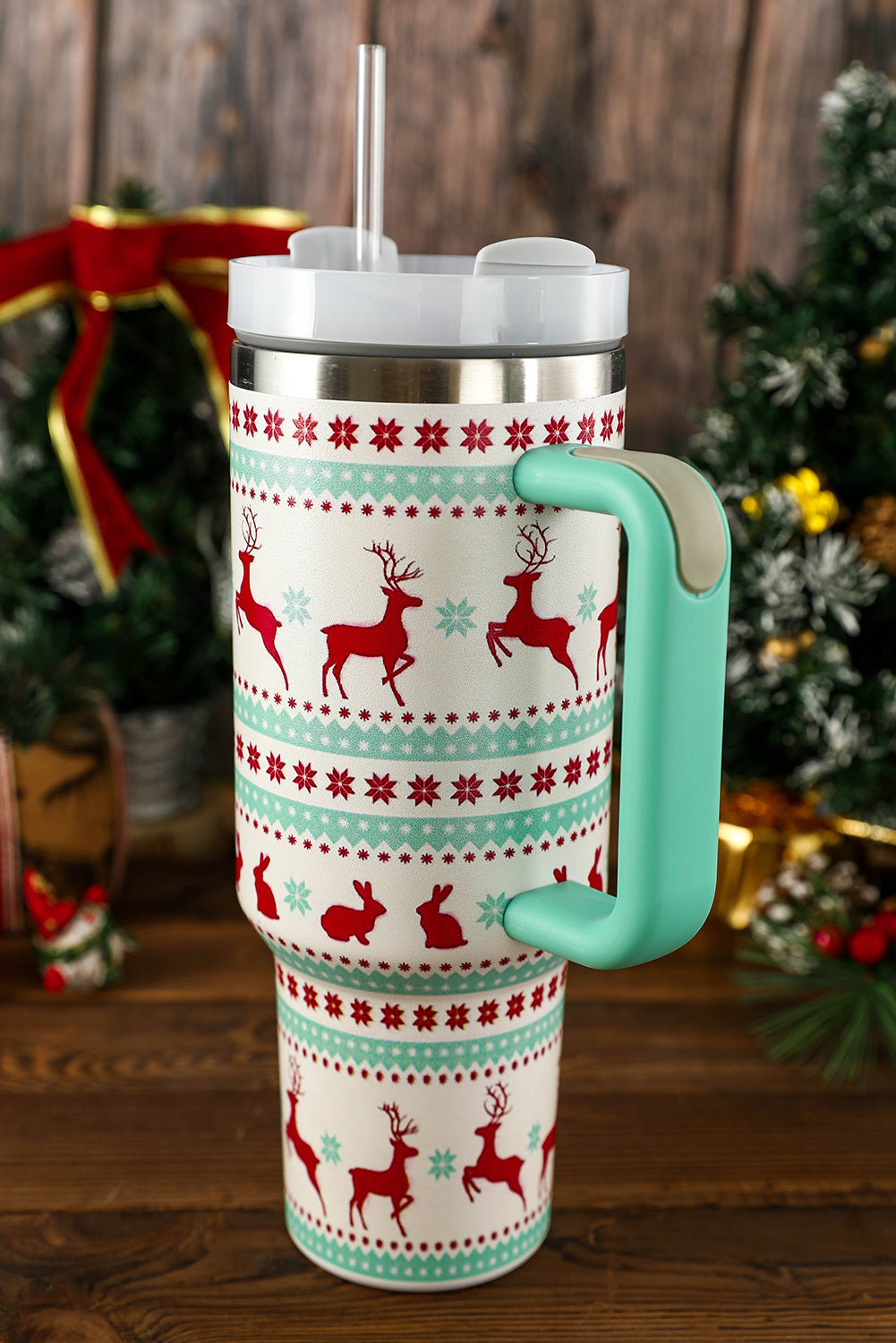 Christmas Print Handled Stainless Steel Tumblers 40oz