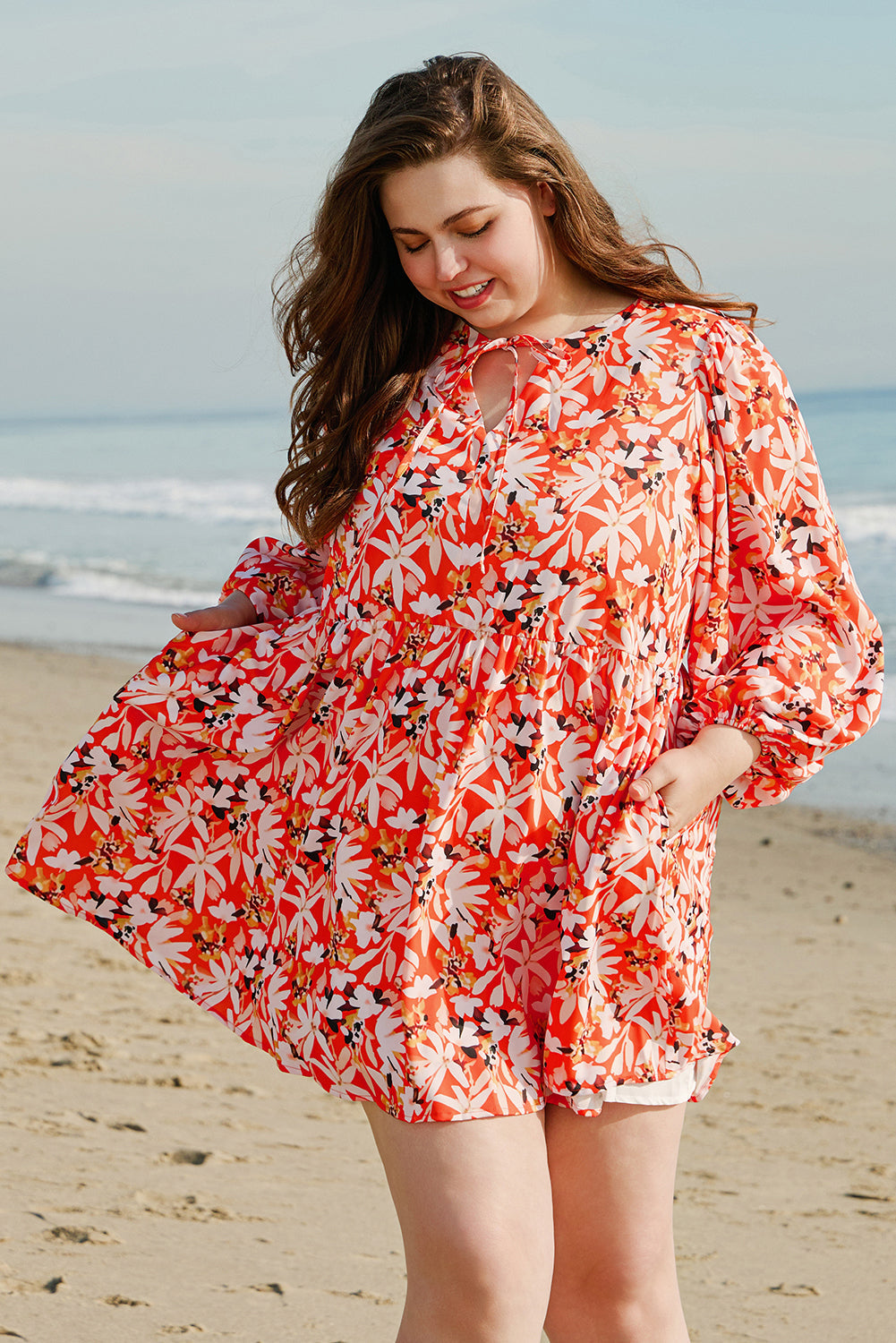 Floral Print Split V Neck Plus Size Dress
