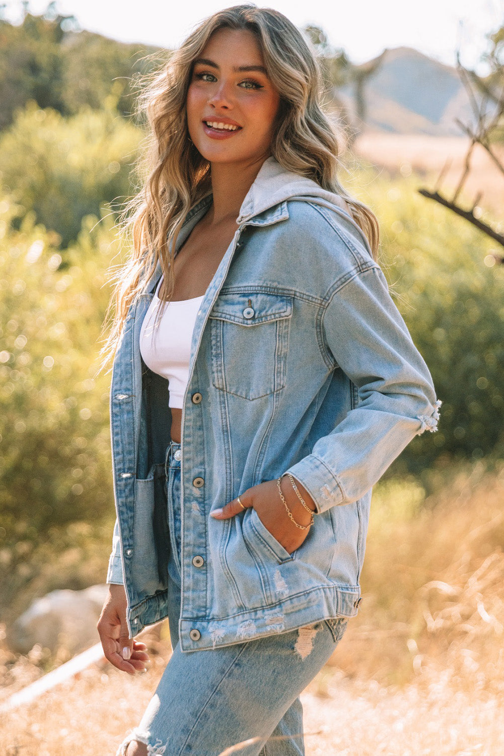 Women's Ripped Hooded Button Closure Denim Jacket
