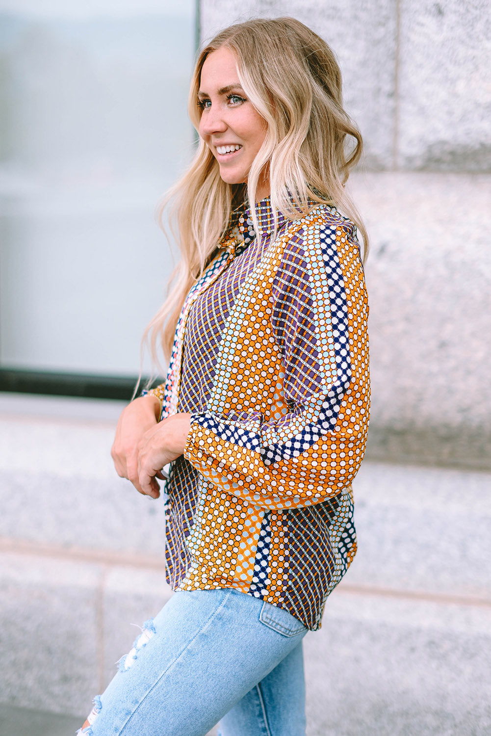 Women's Dot Print Button Down Shif T Shirt