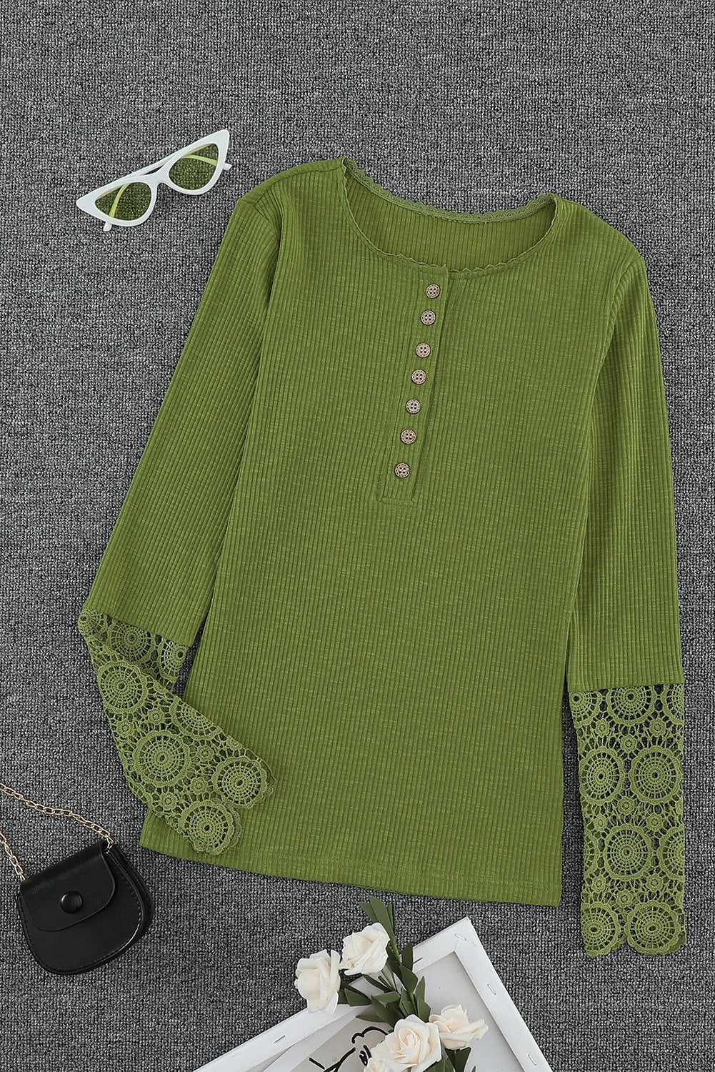 Top for Women Women's Green Crochet Lace-Trimmed Hem Sleeve Button Everyday