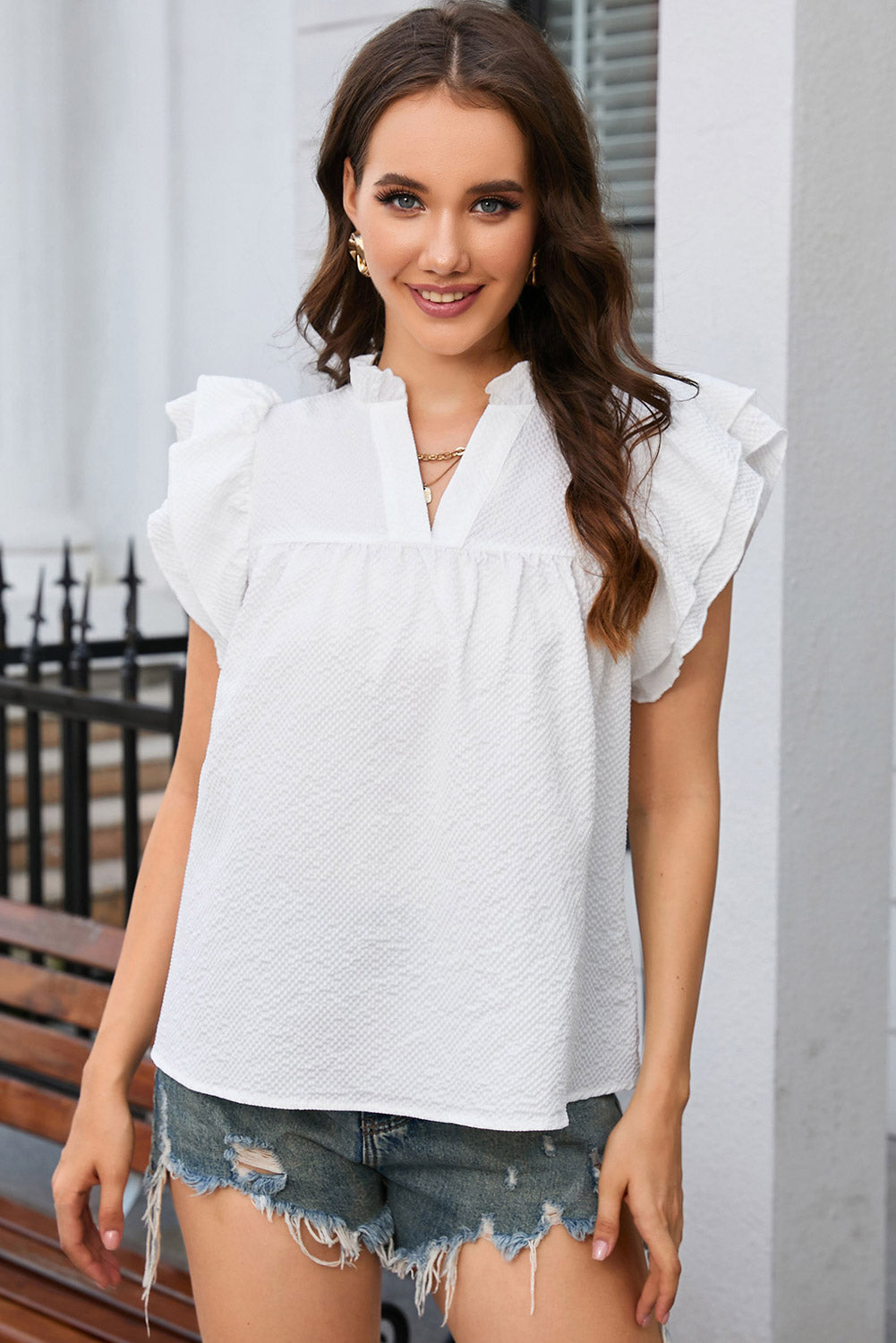 Top for Women White Ruffle-Trimmed Flutter Notch Neck