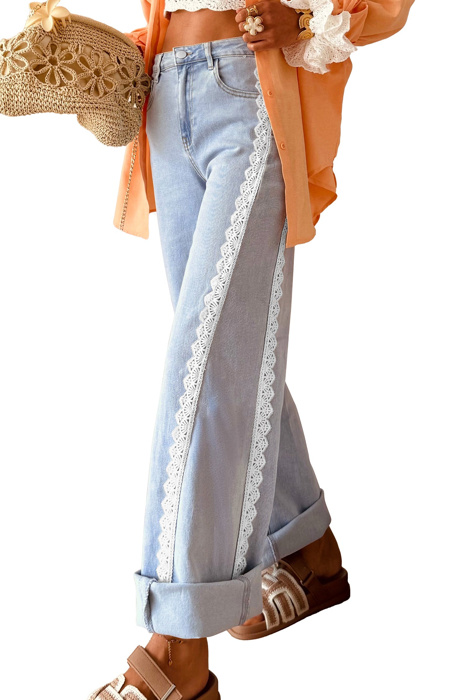 Lace Trim Everyday Full-Length Timeless Fit Jeans in Beau Blue