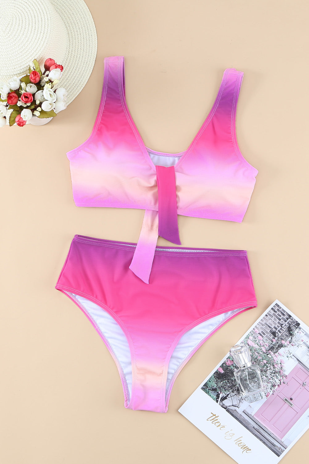 Maillot de bain bikini noué à col en V de couleur dégradée