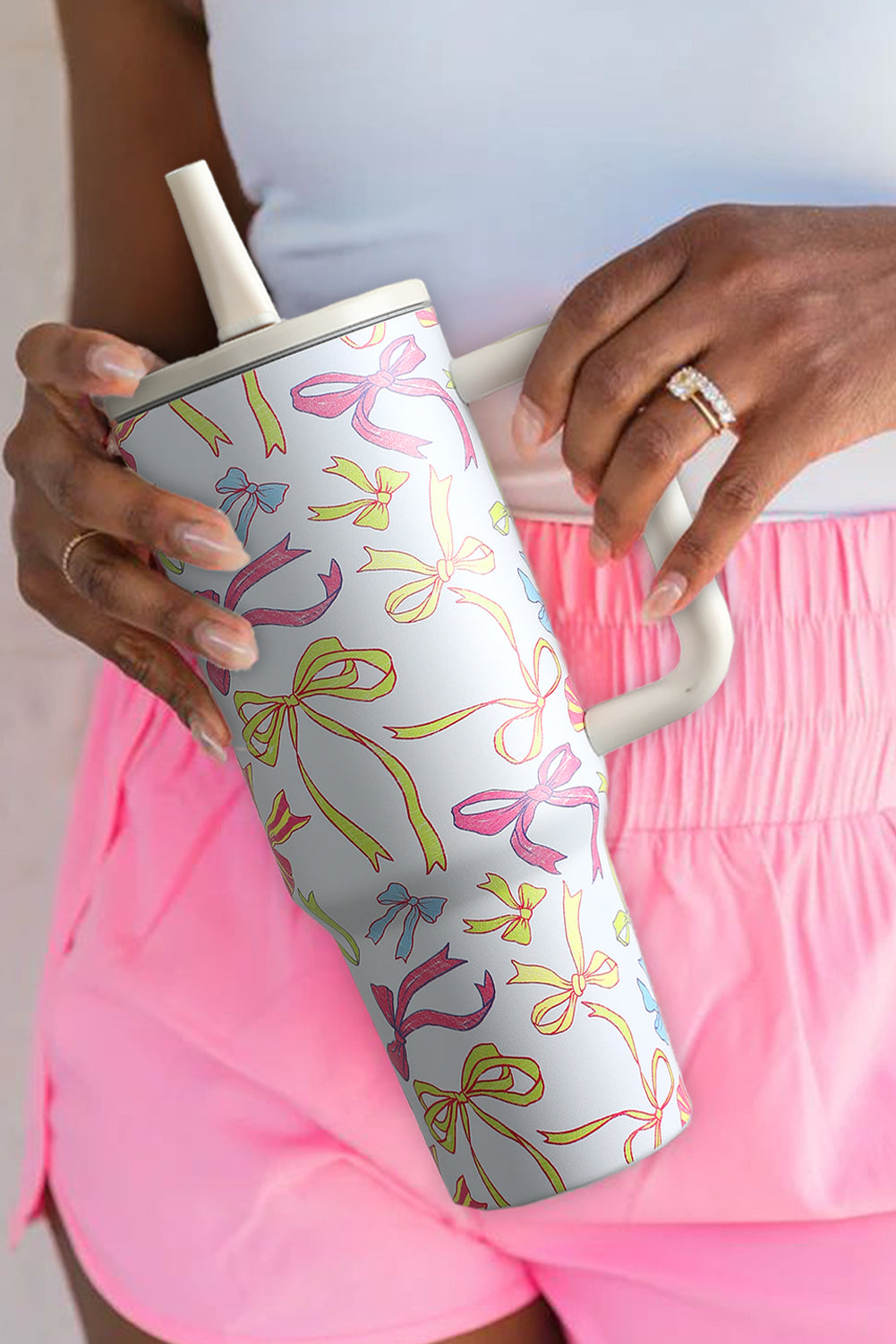 Bow Knot Print Handle Straw Insulate Tumbler 40oz