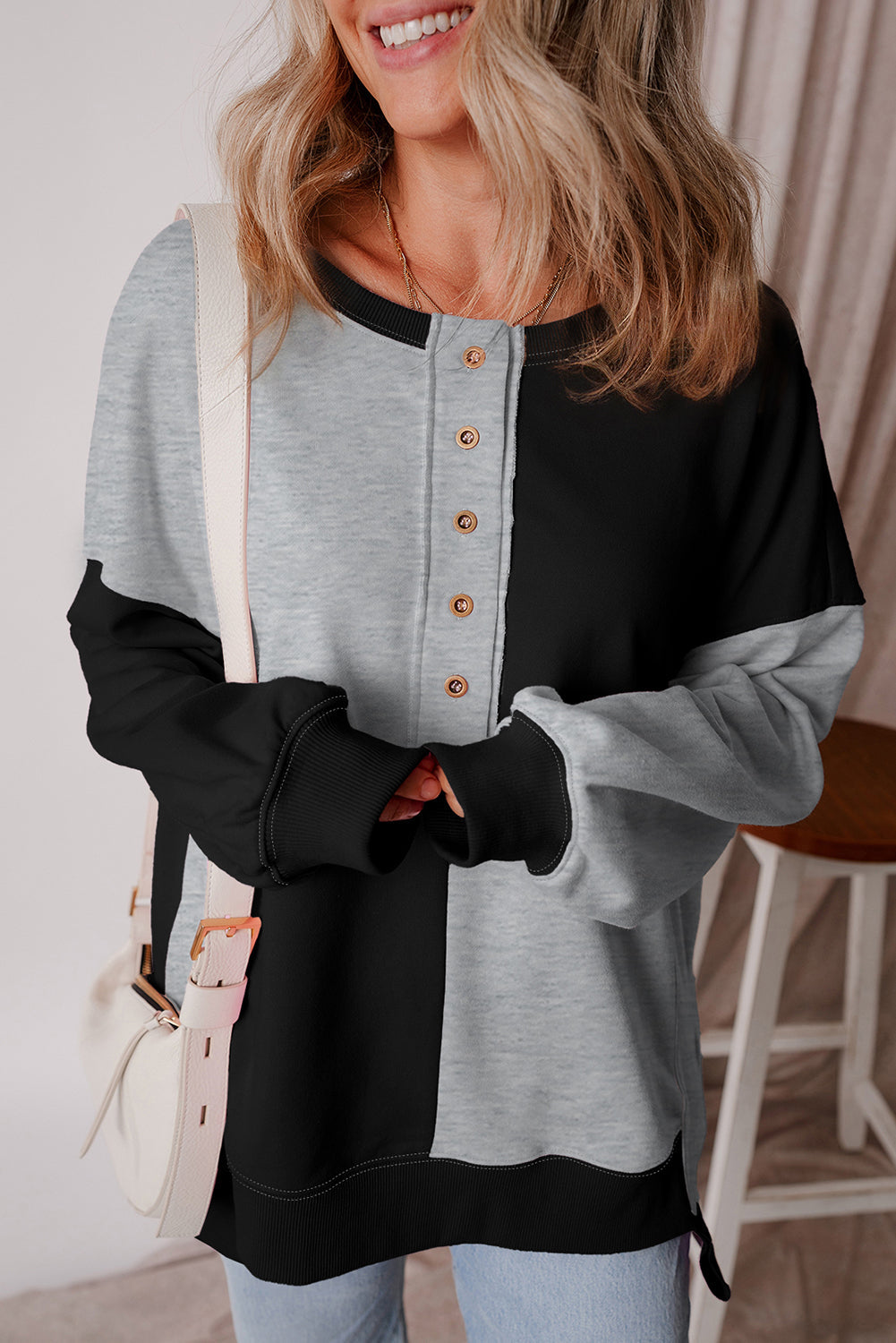 Colorblock Henley High Low Oversize Sweatshirt
