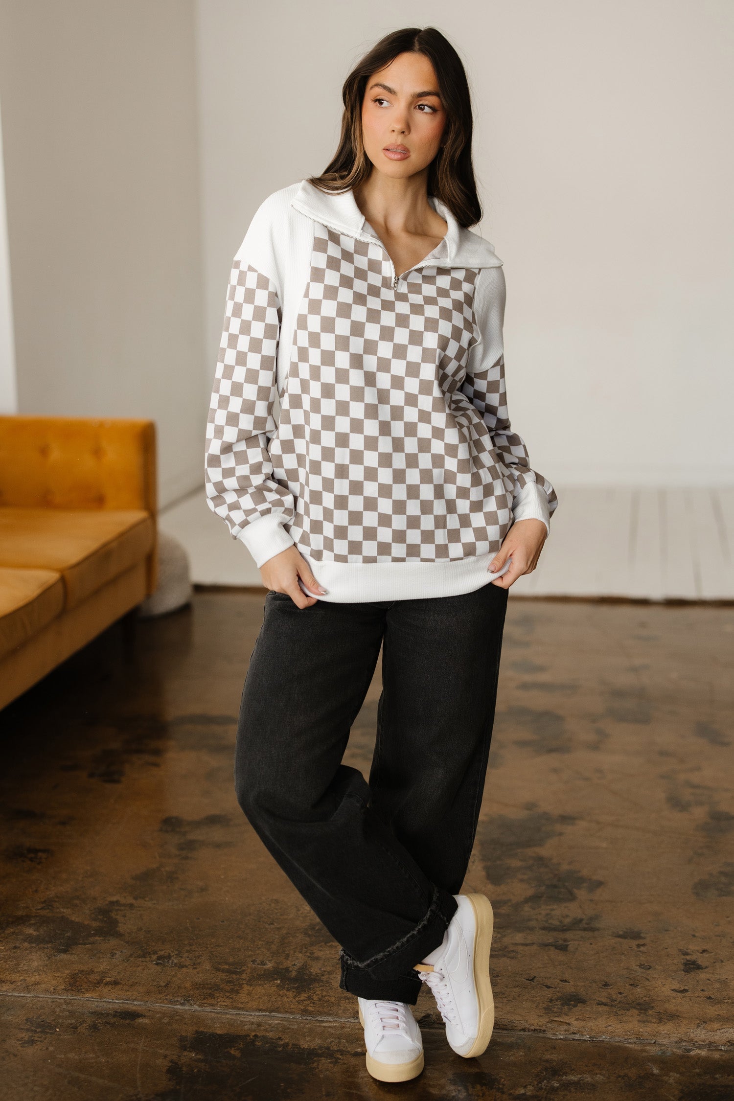 Quarter Patchwork Zip Rib-Knit Loose Sweatshirt
