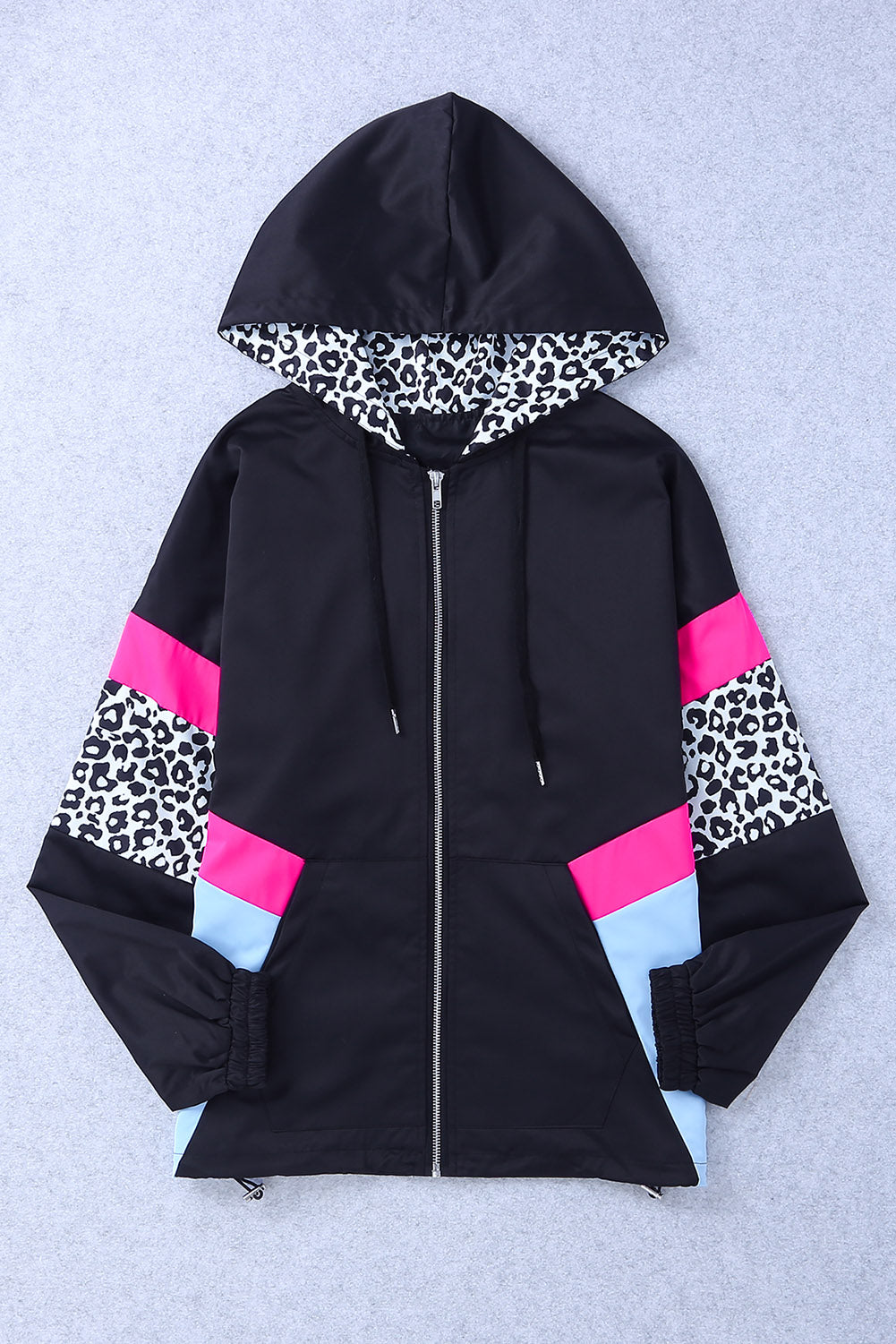 Women's Jacket with Color-Block Pockets Black Zip-Front Hooded Leopard-Print