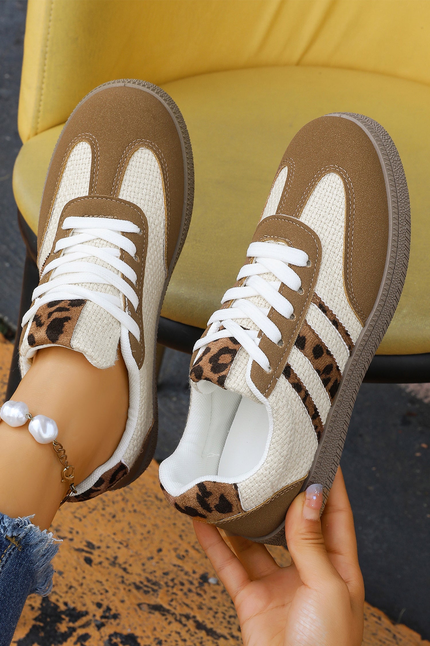 Leopard Patchwork Colorblock Patchwork Lace-up Flat Shoes
