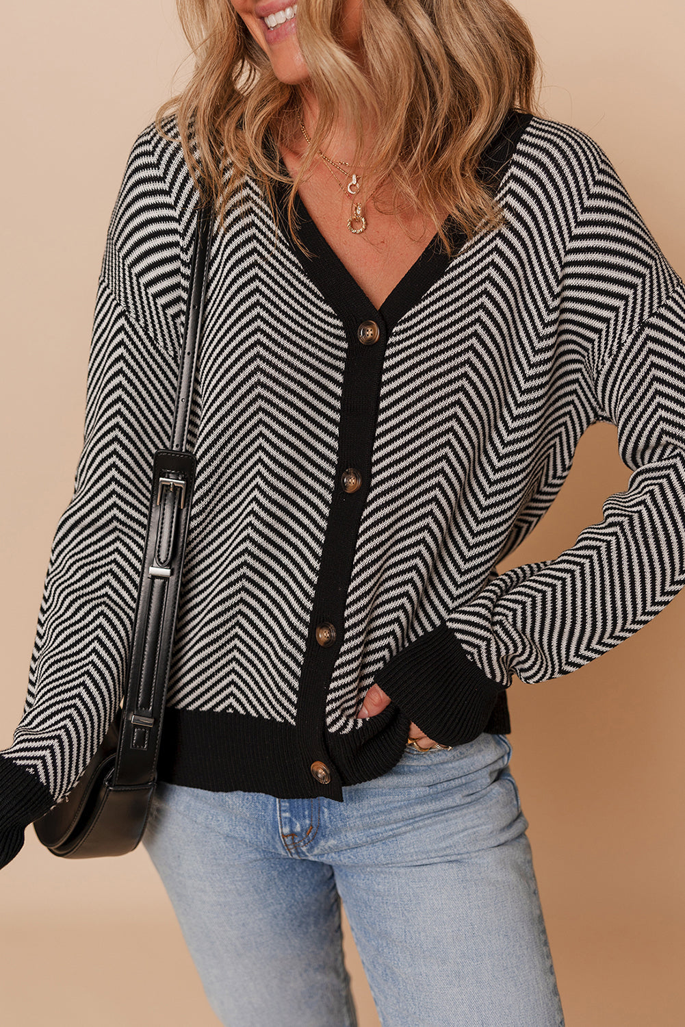 Stripe Button-Front Herringbone Cardigan in Black White