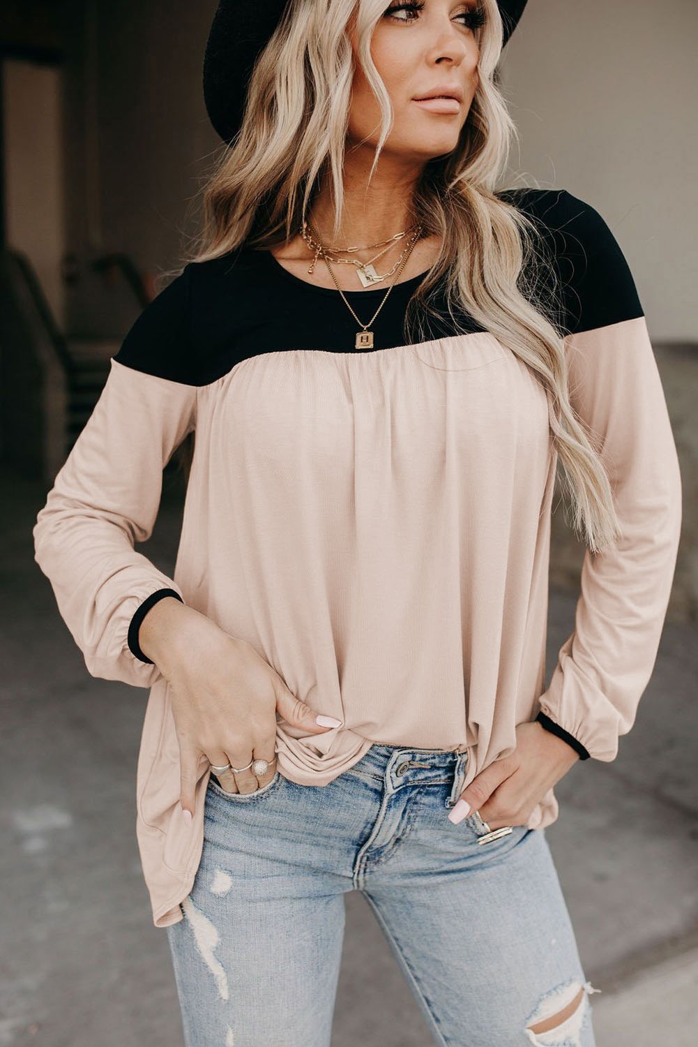 Women's Long-Sleeve Color-Block Tunic Women Apricot Round Neck Top