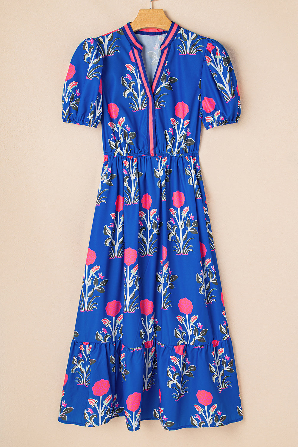 Short-Sleeved Floral Puff Maxi Dress in Blue