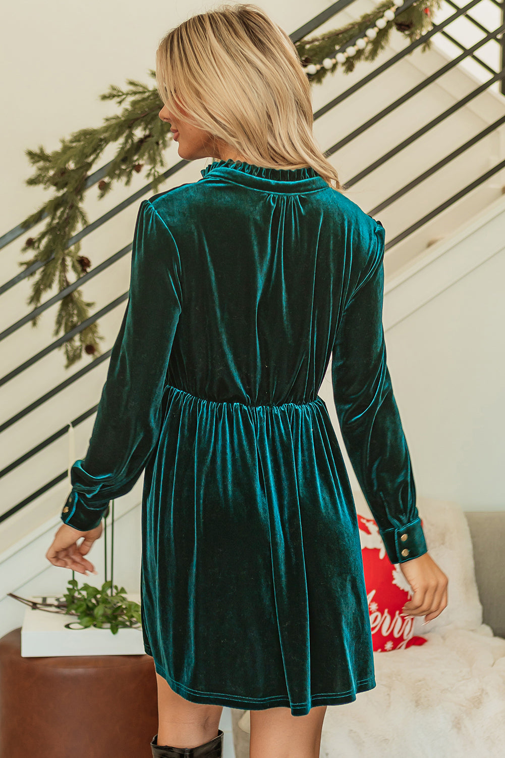 Velvet Buttoned Front Ruffled Mini Dress