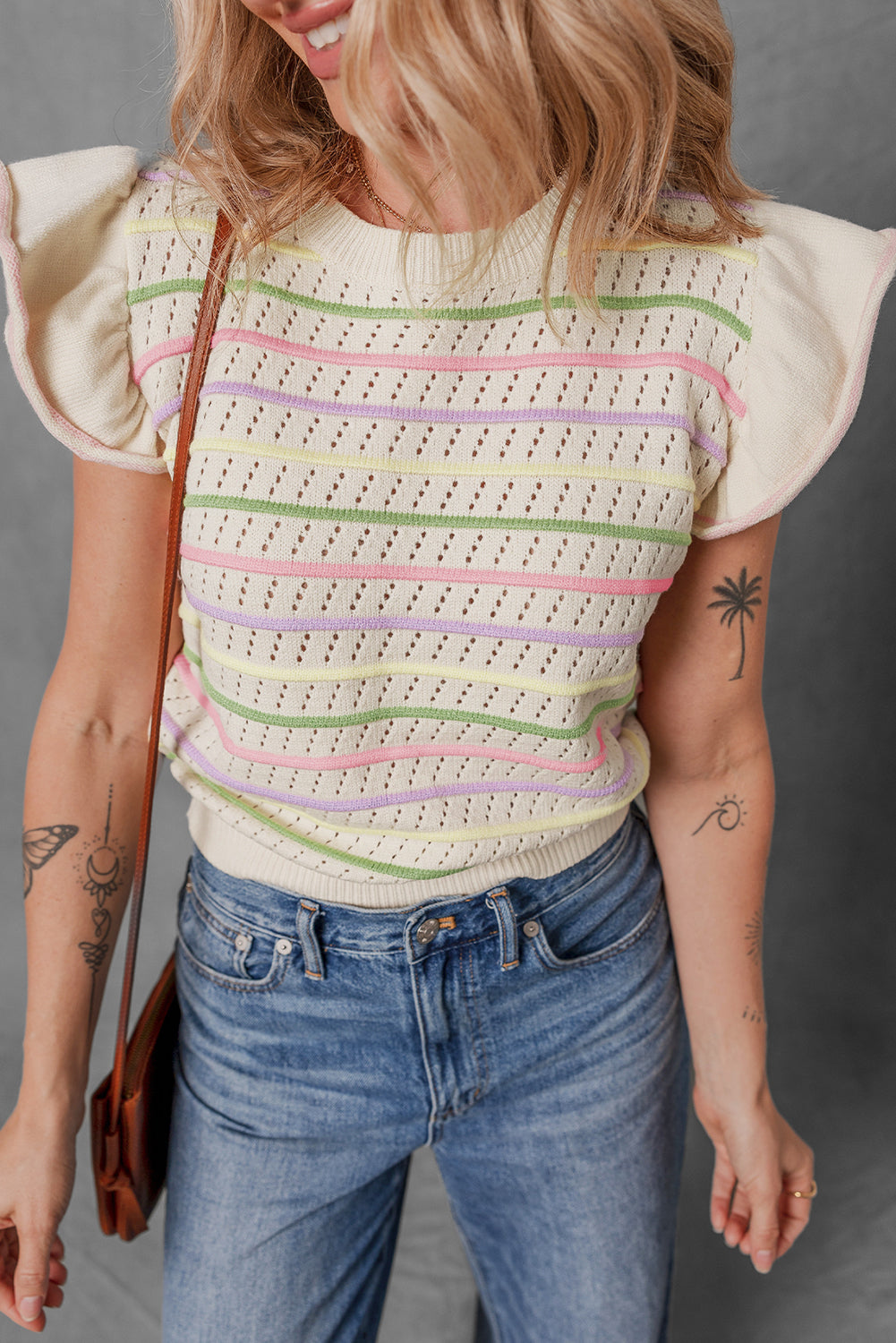 Colorful Striped Eyelet Knit Ruffled Sleeve Sweater T Shirt