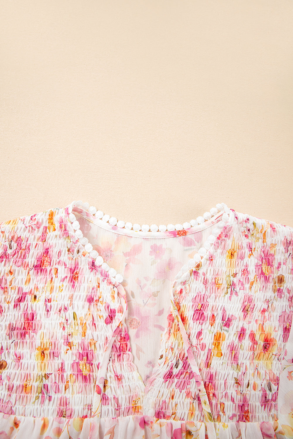 Floral-Print Smocked Tassel Tie V-Neck Puff Sleeve Tunic Blouse