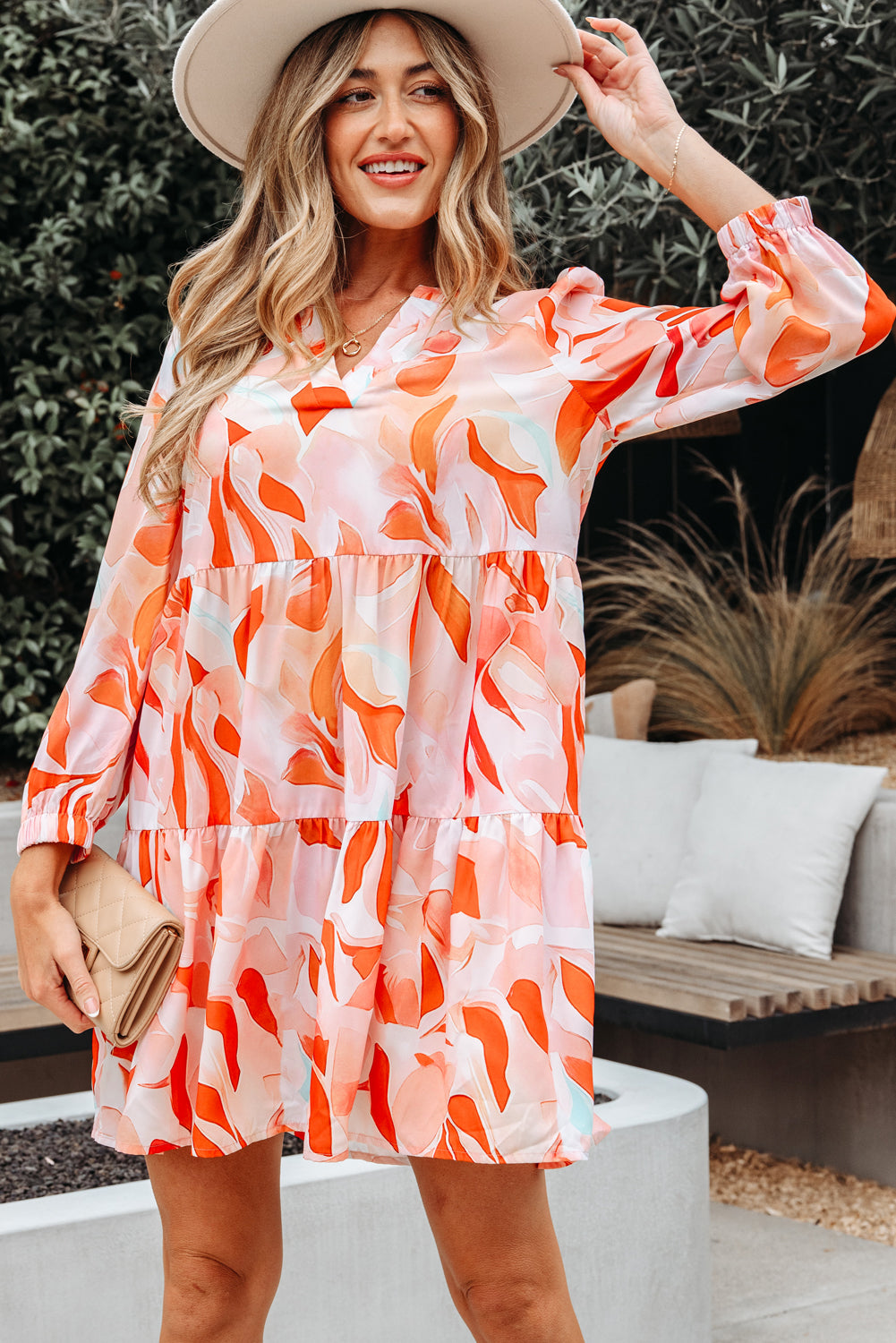 Abstract Print Split Neck Long-Sleeved Dress