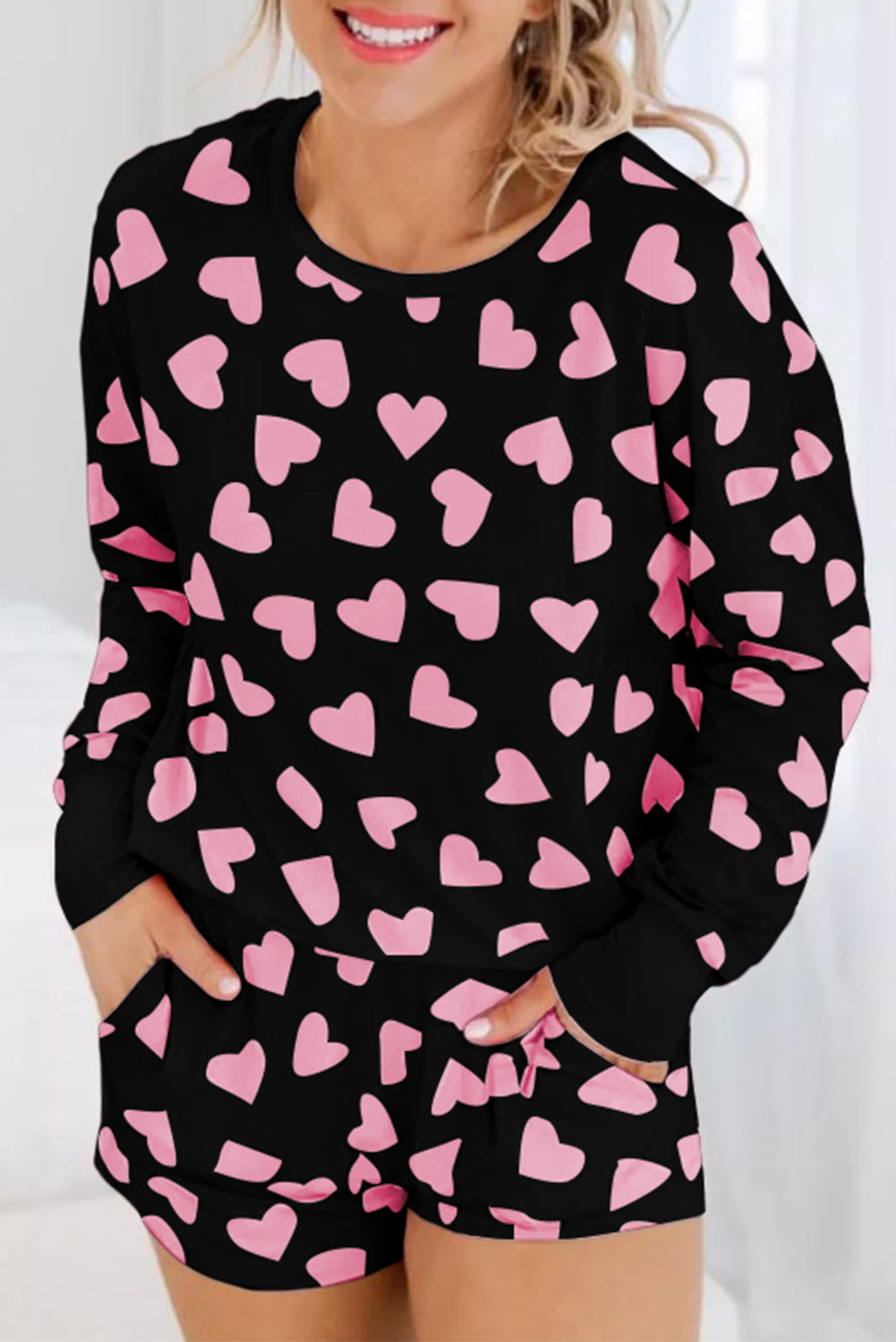 Shape Valentine Heart Print Long-Sleeved Top Shorts Lounge Set