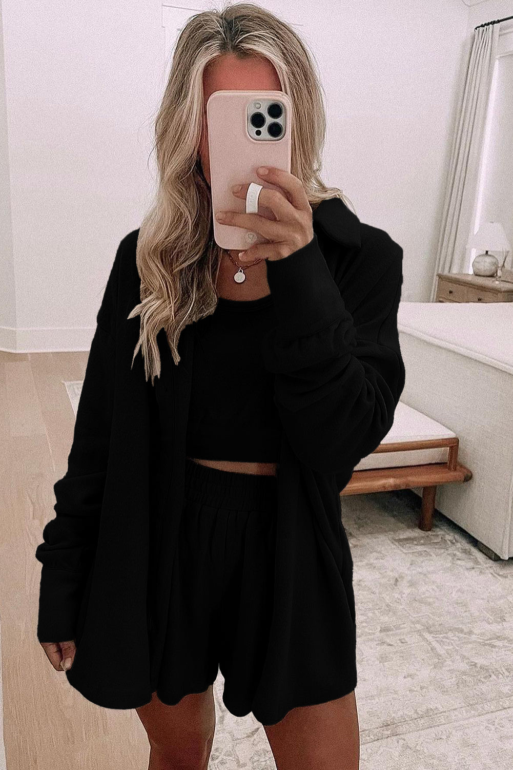 3 Tank Pcs Crop Top Shorts with Cardigan Lounge Set in Black