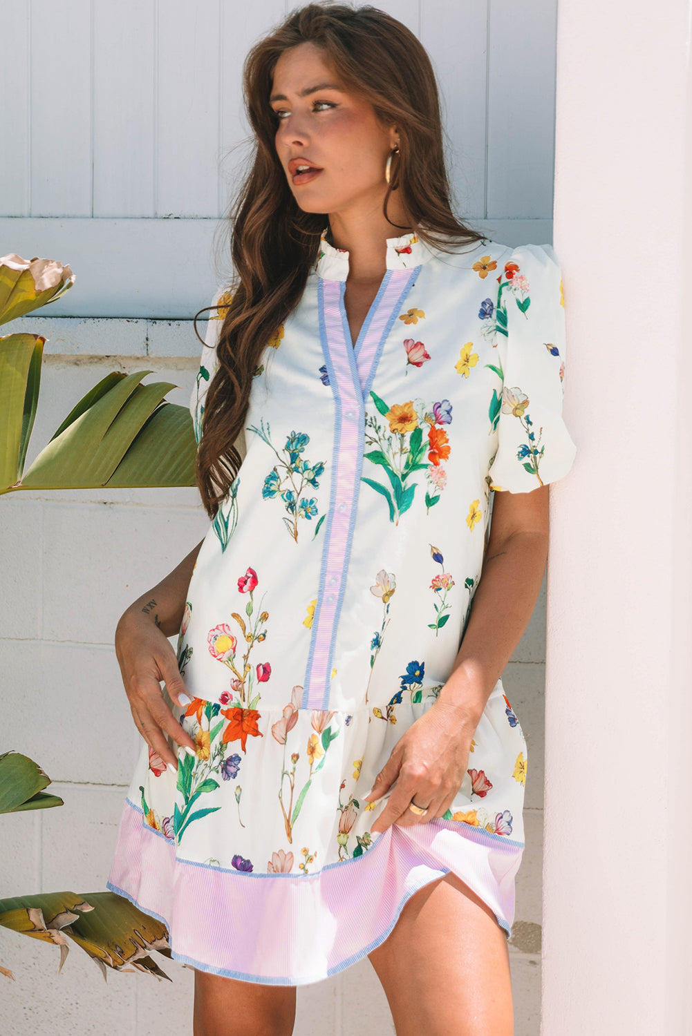 Floral Print Contrast Striped Puff Sleeve Dress