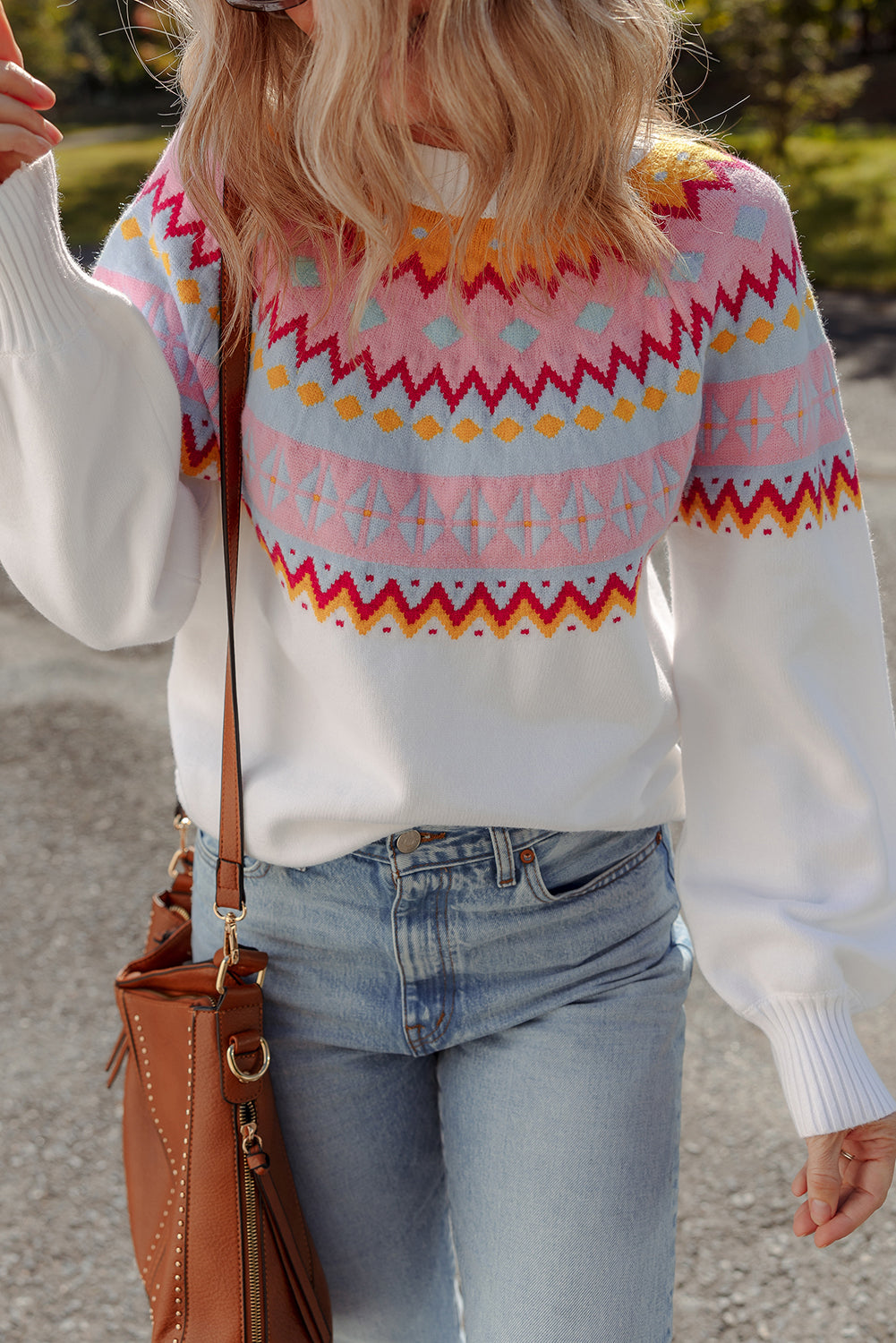 Colorblock Ethnic Geometric Print Drop-Shoulder Knit Top