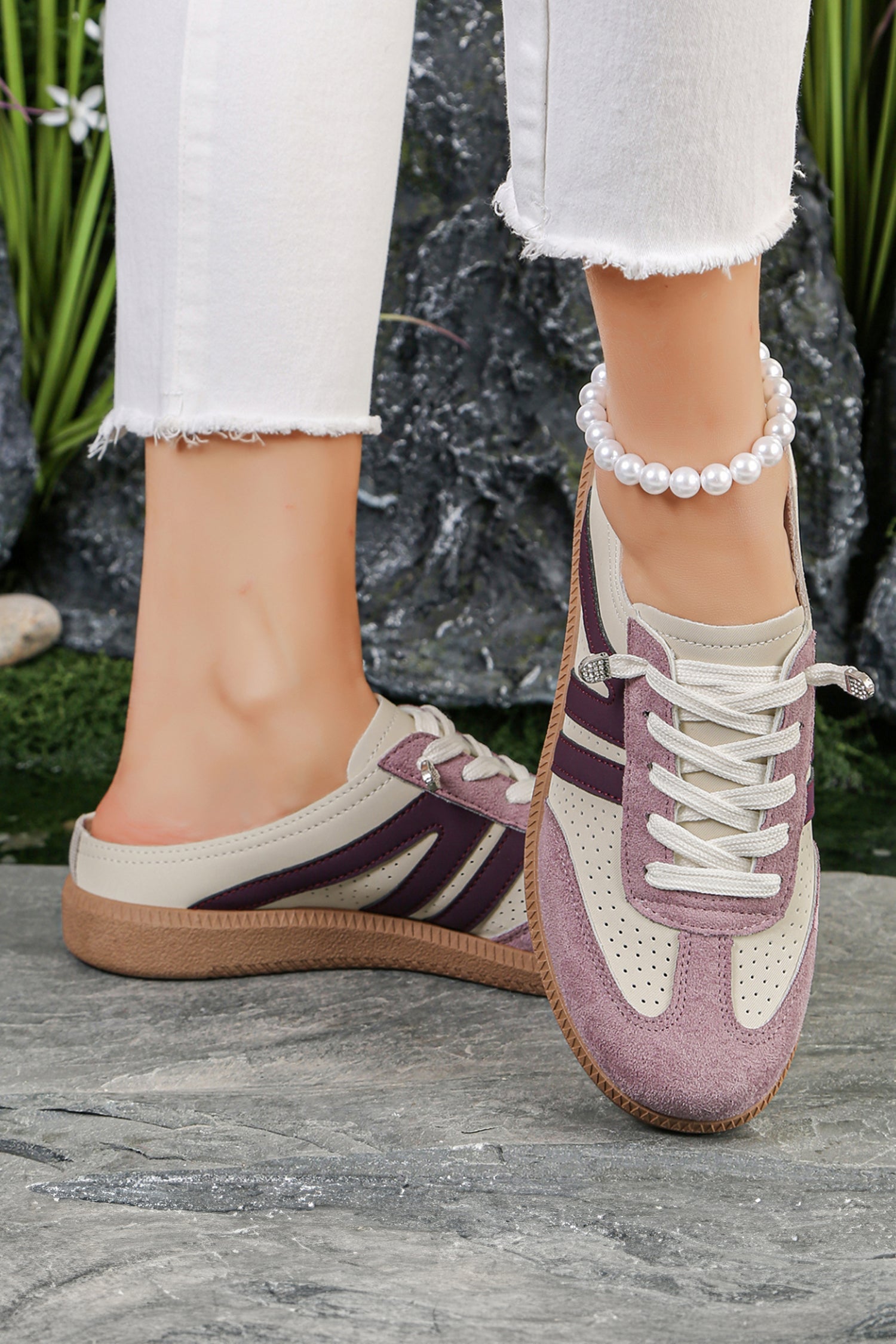 Eyelet PU Leather Patchwork Color Pop Sneakers in Pink