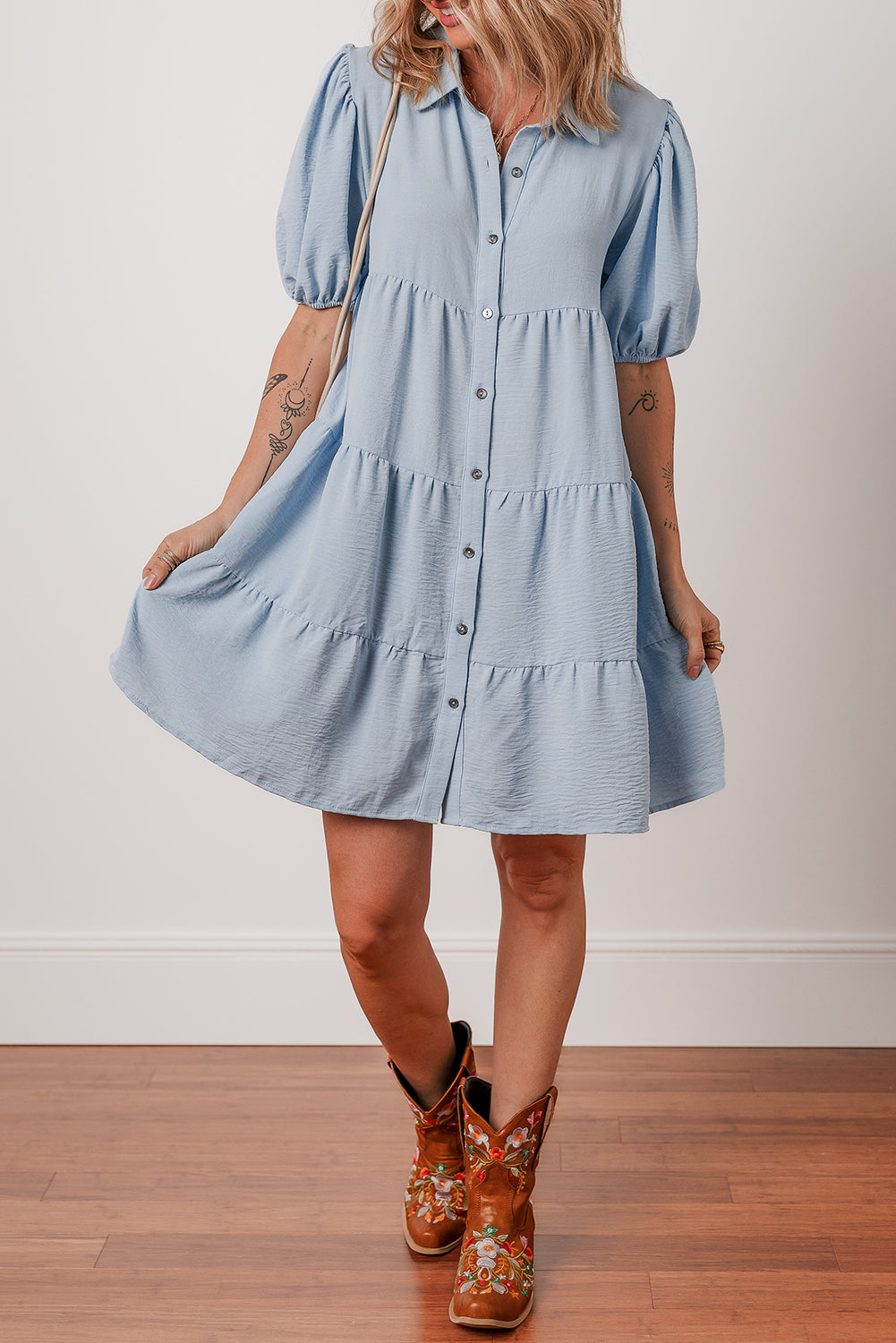Shirt Collar Button Up Short Puff Sleeve Tiered Shift Dress