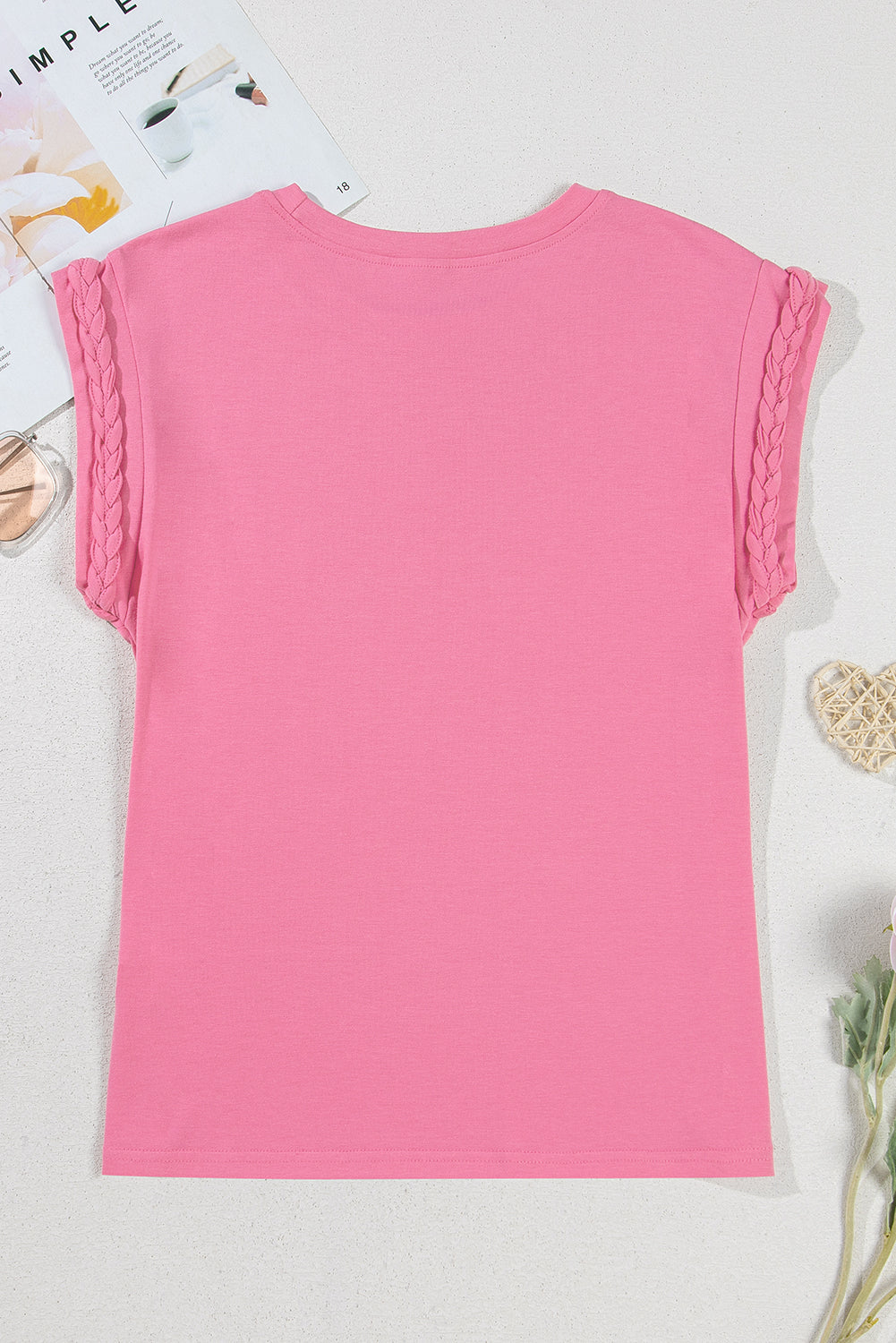 Braided Cap Sleeve Crew Neck T Shirt