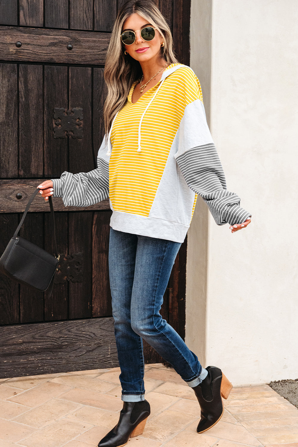 V-Neck Colorblock Drawcord Easy-Fit Fit Hooded Top
