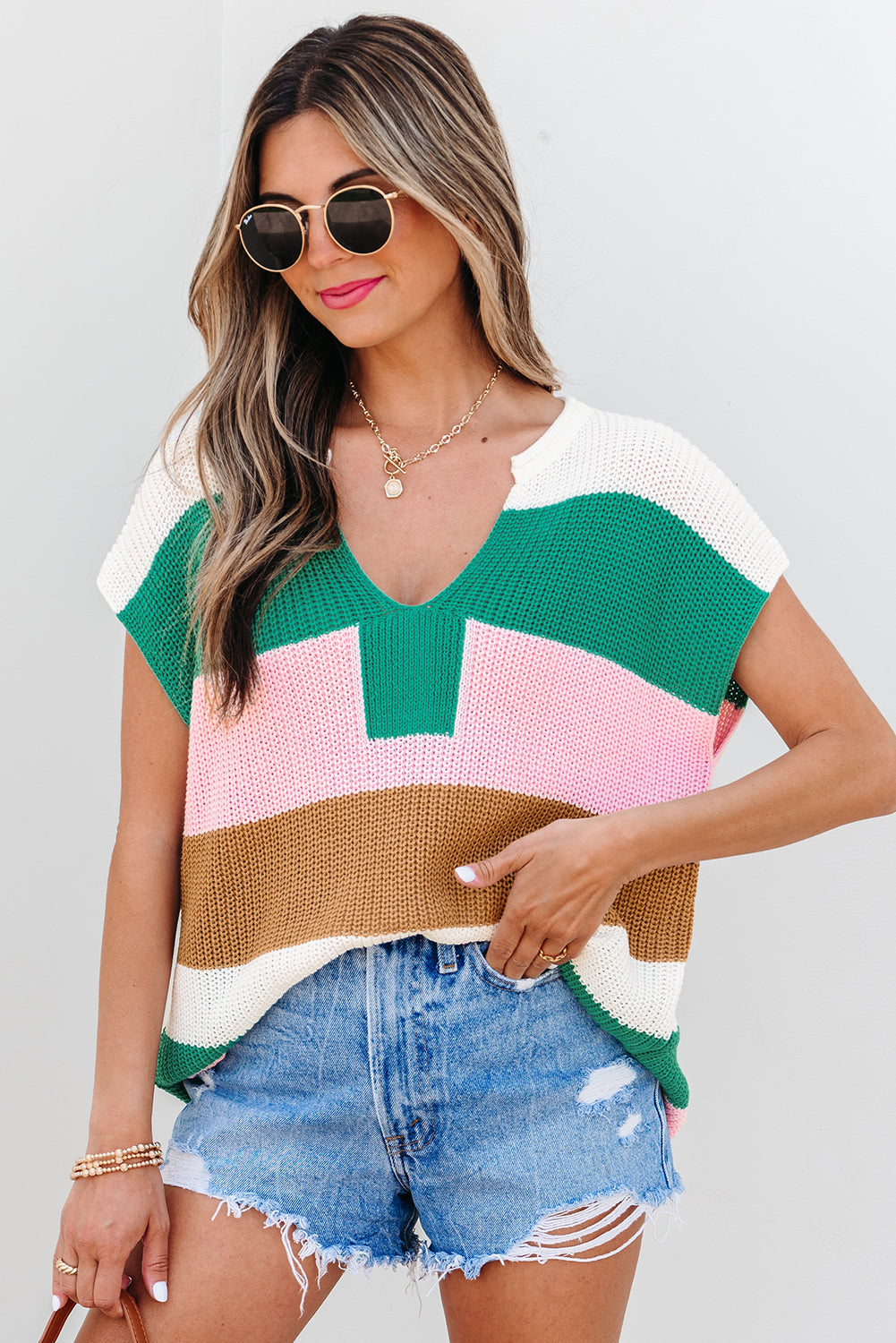 Colorblock Knit Notch V-Neck Top T Shirt