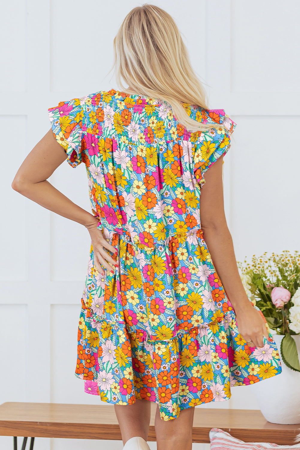 Floral Print Smocked Flutter Sleeve Mini Dress