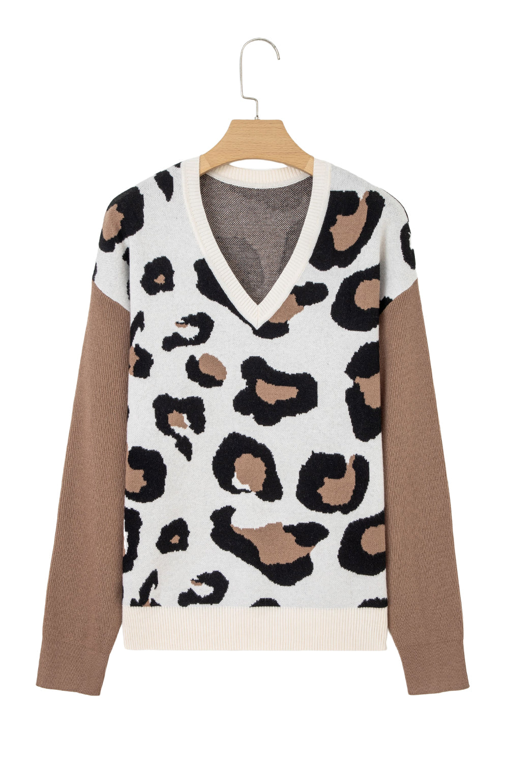 Leopard-Print Colorblock Patchwork Sleeve V-Neck Knit Top